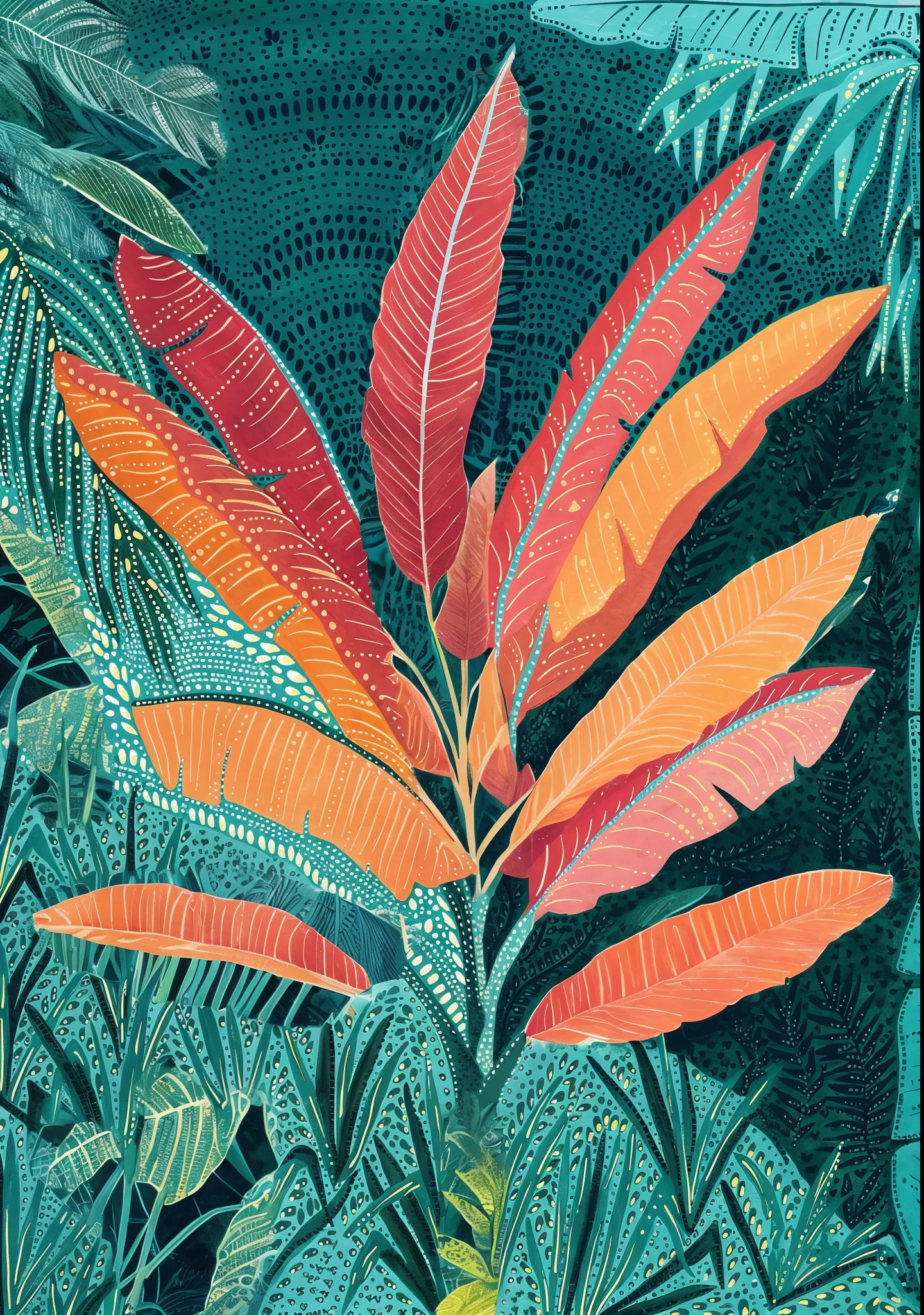 um close de uma pintura de uma planta com folhas de laranja, selva colorida, inspirado em Gustave Baumann, colorful plantas tropicais, clima tropical, folhagem vibrante, folhas tropicais, plantas tropicais, folhagem tropical, vibrant vegetation, selva tropical, tropical vibe, Apenas Bartel, detailed digital illustration, exotic vegetation, folhas, colored in teal and orange, pintura misteriosa da selva