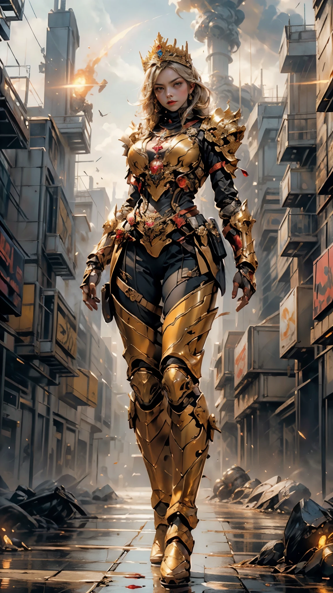 A woman adorned in fantasy-style full-body armor, a crown-concept fully enclosed helmet that unveils only her eyes, a composite layered chest plate, fully encompassing shoulder and hand guards, a lightweight waist armor, form-fitting shin guards, the overall design is heavy-duty yet flexible, ((the armor gleams with a golden glow, complemented by red and blue accents)), exhibiting a noble aura, she floats above a fantasy-surreal high-tech city, this character embodies a finely crafted fantasy-surreal style armored hero in anime style, exquisite and mature manga art style, (mixture of Queen bee and Spider concept Armor, plasma, blood), ((Element, energy, elegant, goddess, femminine:1.5)), metallic, high definition, best quality, highres, ultra-detailed, ultra-fine painting, extremely delicate, professional, anatomically correct, symmetrical face, extremely detailed eyes and face, high quality eyes, creativity, RAW photo, UHD, 32k, Natural light, cinematic lighting, masterpiece-anatomy-perfect, masterpiece:1.5