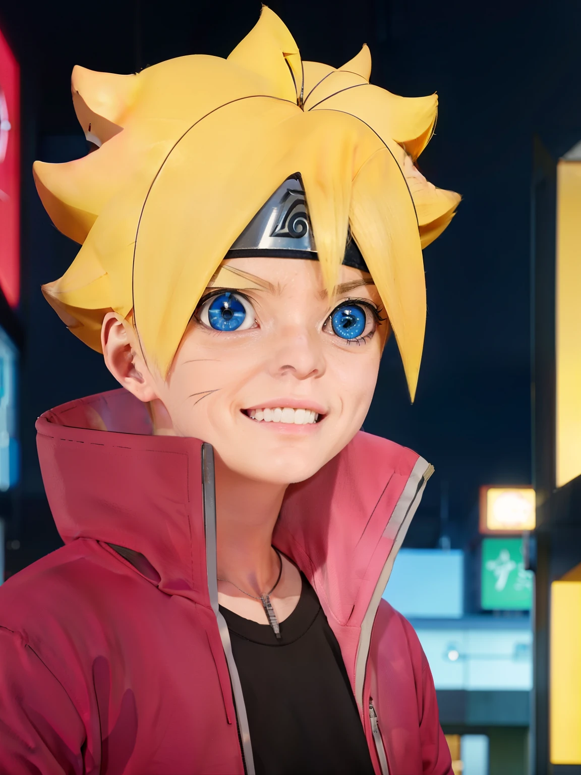 Masterpiece, ultra-detailed, Hight resulution, Boruto anime style, 1boy, male focus, Body shot, Uzumaki Boruto wearing maroon Streetwear Hoodie, yellow hair, Blue eyes, look at viewer, happy face, vibrant colors, cityscape background, dinamic lighting, highly detailed face, stylish, urban style, cool attitude, bokeh, blurry background,