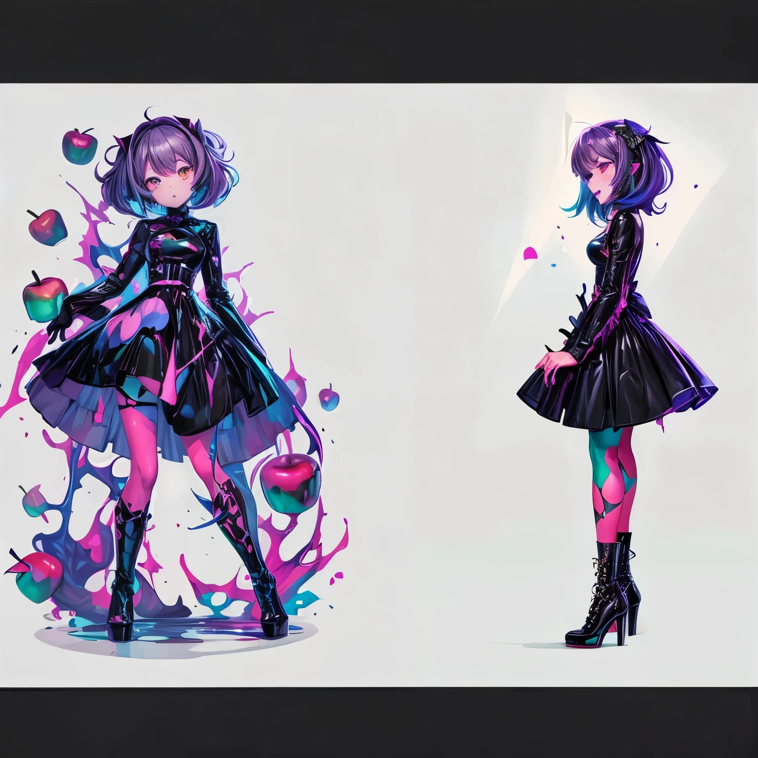 Female Front and side, cartoon style, melted black costume, fluorescent stockings, toxic apples, splashes of fluorescent venom, black high heels,