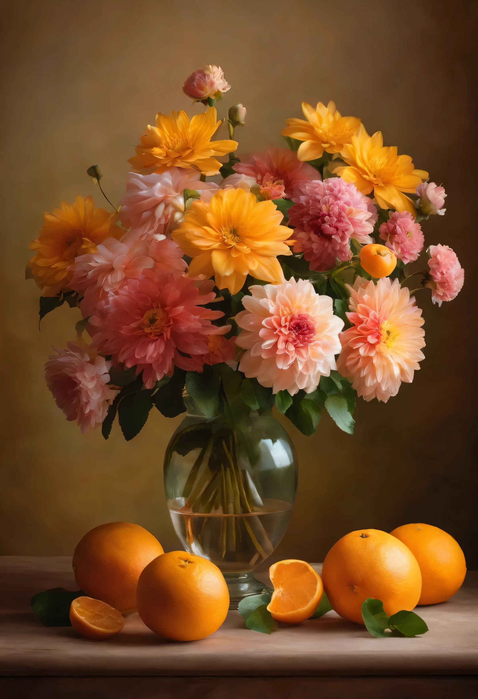 There is a vase on the table,This'It's covered with flowers and oranges, pastel, inspired by Francois Bouquet, not a splash, baroque, great composition, Dahlia flower, paper chrysanthemums, floating bouquets, Magic flowers, realistic oil painting with flowers, Soft and complex, great composition, Platonic ideal of flowers, Beautiful composition, Still life photography, pink-yellow flowers