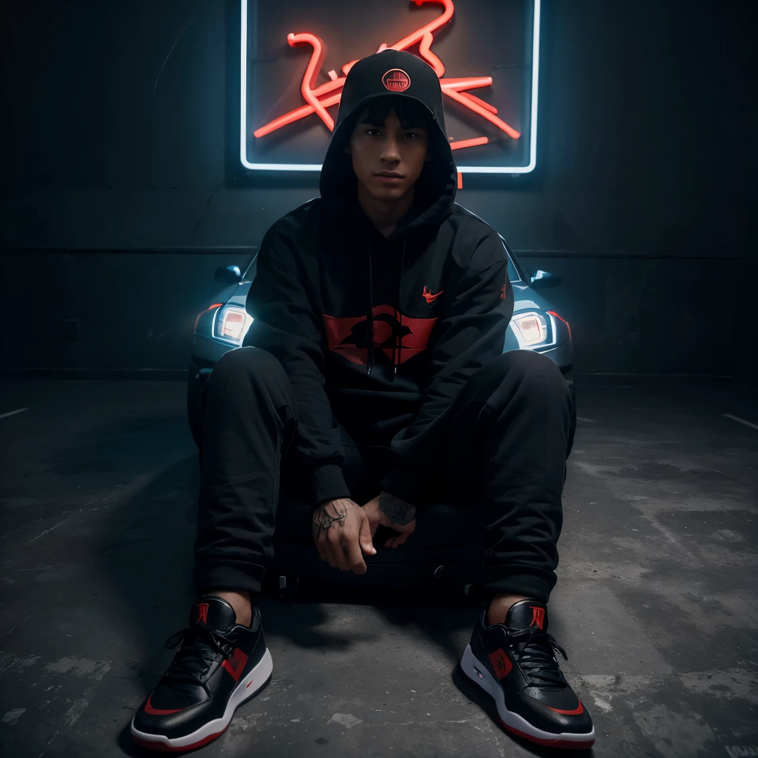 Create a 3D illustration for a profile picture where a cute boy in a black hoodie Sitting casually on a red ferrari car. Wearing air jordan shoes, he looks ahead. The background features "BILLDCRUZ" in big and capital blue neon light fonts on the dark grey wall. and there are wings to make it appear as if he is an angel.