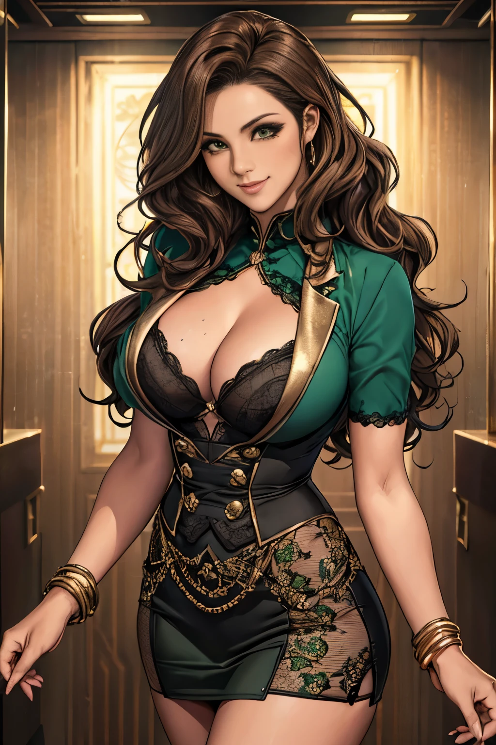 woman((30 years old)), hair((wavy, golden brown)), eye((smart eye, green)), Clothes((new york fashion week, black color)), smile, Proudly, random hairstyles, accessories,Costume with large open chest,super mini skirt,lace costume,revealing costumes