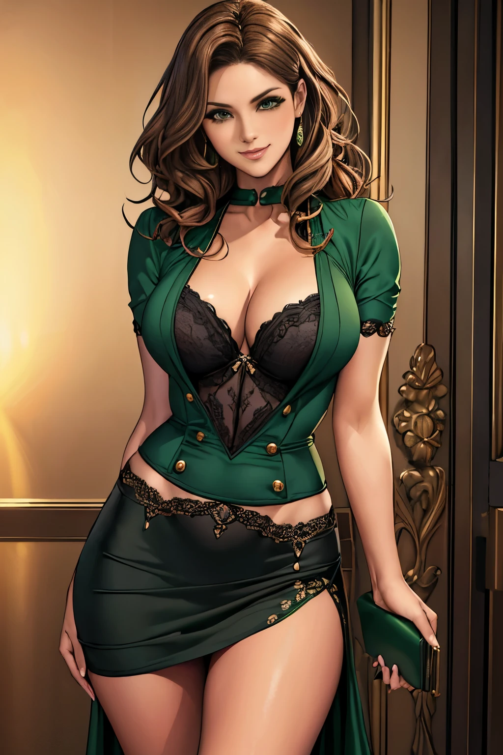 woman((30 years old)), hair((wavy, golden brown)), eye((smart eye, green)), Clothes((new york fashion week, black color)), smile, Proudly, random hairstyles, accessories,Costume with large open chest,super mini skirt,lace costume,revealing costumes