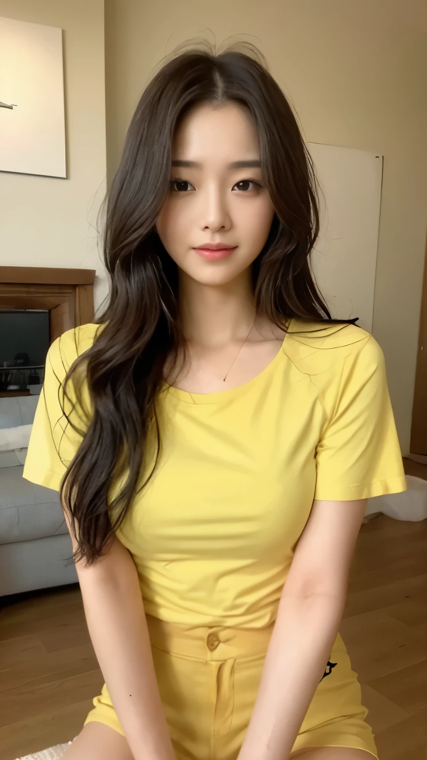 ((top-quality、8k、masterpiece:1.3))、Beautiful woman with perfect body:1.4、slim abdomen:1.2、Longhair, normal breast, Highly detailed facial and skin texture, A detailed eye, delicate eyes, double eyelid, (smile), (full body shot), ((living room)), (sitting on chair), (((wearing yellow t-shirt with short pants)), looking in front