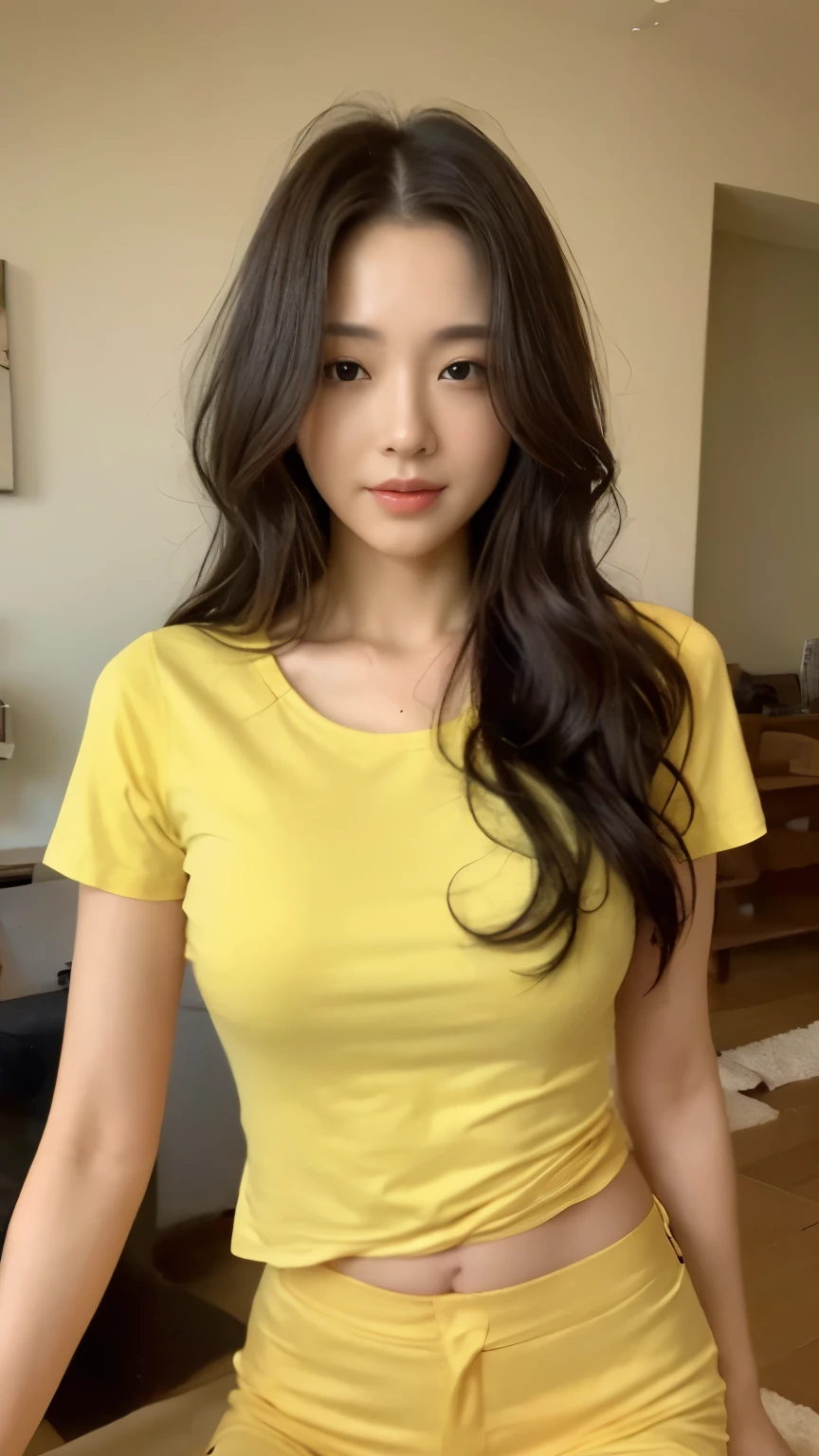((top-quality、8k、masterpiece:1.3))、Beautiful woman with perfect body:1.4、slim abdomen:1.2、Longhair, normal breast, Highly detailed facial and skin texture, A detailed eye, delicate eyes, double eyelid, (smile), (full body shot), ((living room)), (sitting on chair), (((wearing yellow t-shirt with short pants)), looking in front