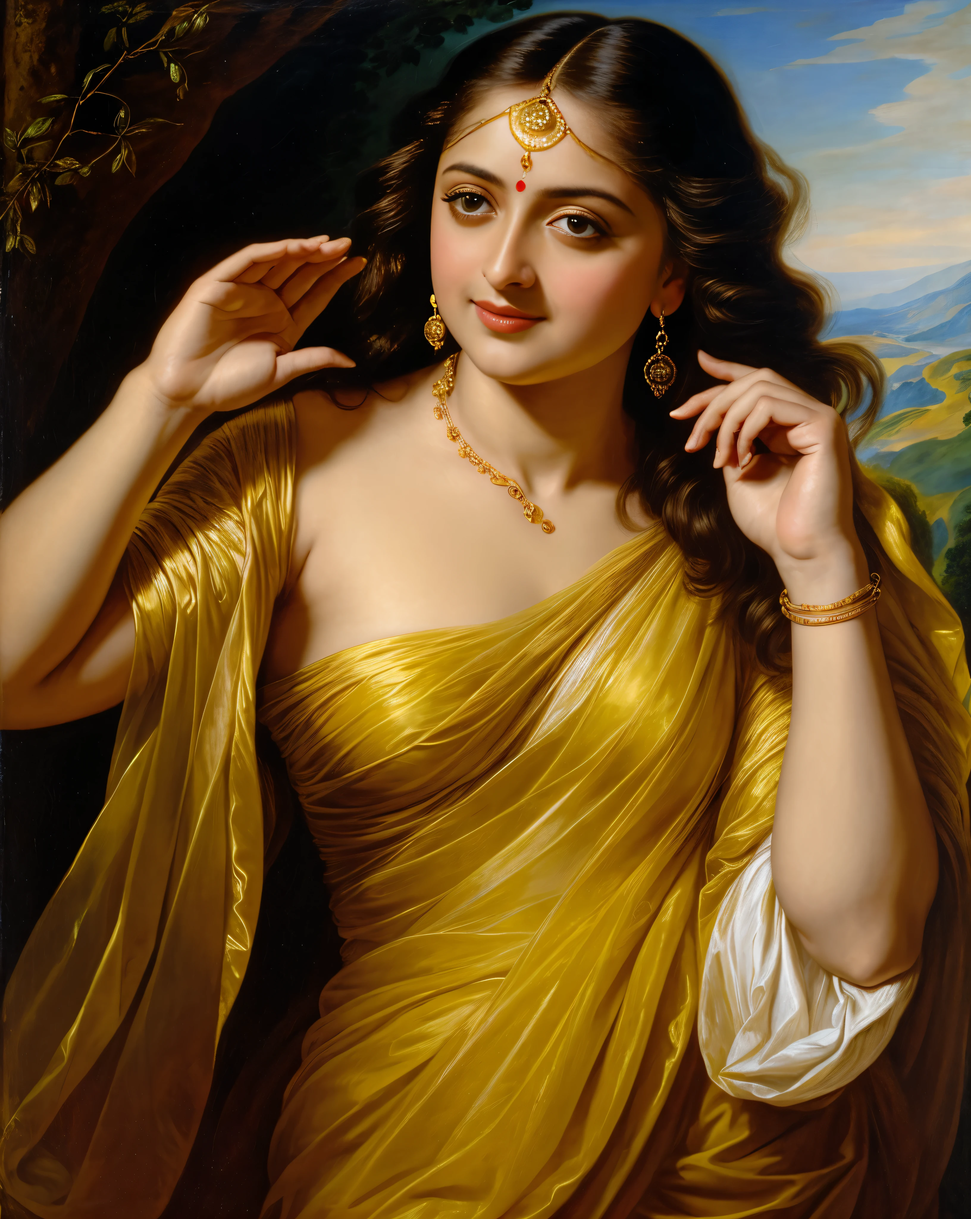 Looks like Anushka Shetty, Masterpiece, Best quality, high clarity eyes, beautifully styled hair, critically flawless,sharp picture, Full portrait, High pixels, perfect face, perfect eyes, beautiful face, perfect hands,perfect fingers, in Peter Paul Rubens style, by Peter Paul Rubens, baroque style, acrylic on canvas, highly detailed, description: "Create a nymph inspired by the tales of Greek or Roman mythology, embodying the essence of a natural element or location, and possessing a unique ability or trait that sets her apart."