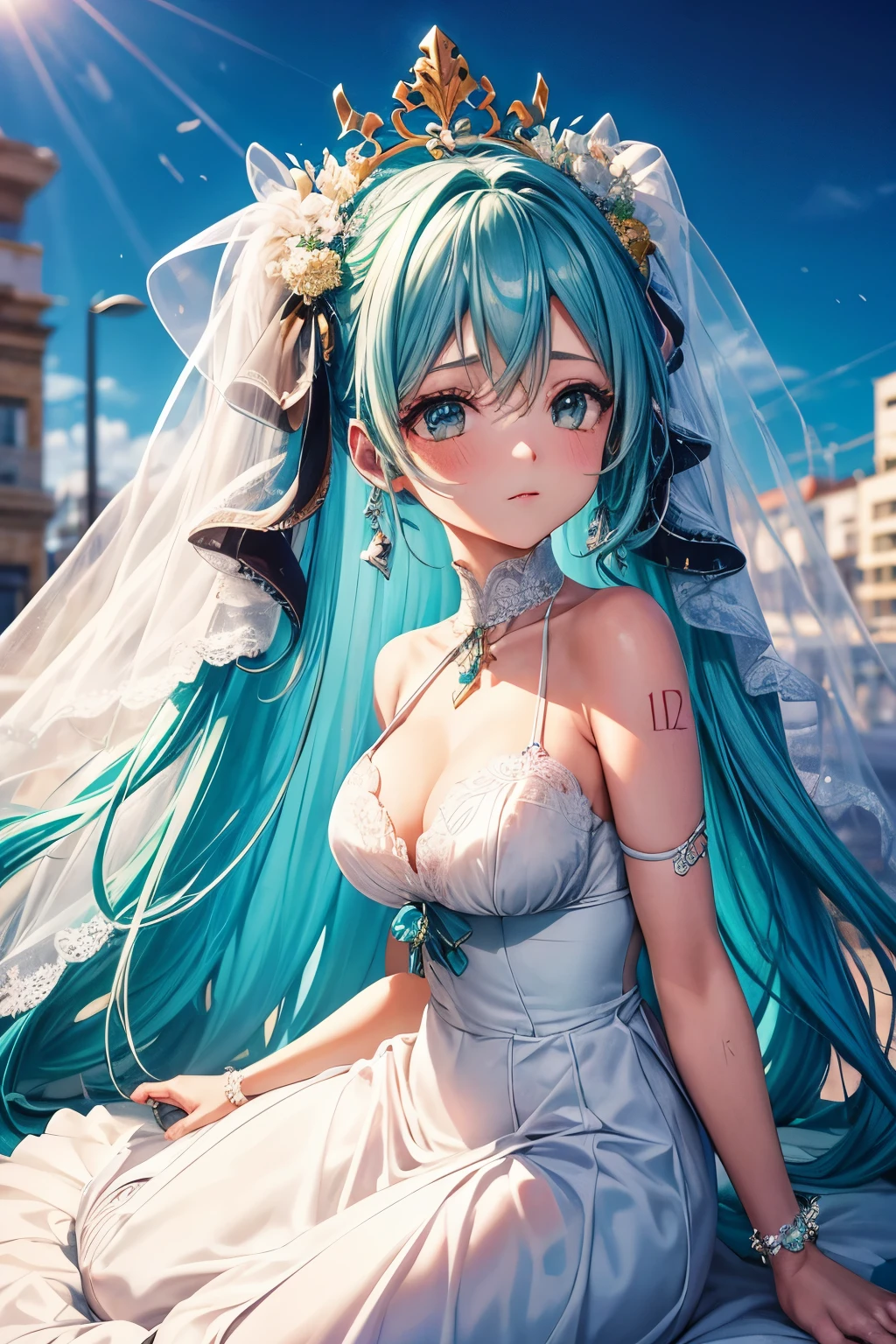 uma garota, cabelo azul claro, Cabelo estilo Hatsune Miku, olhos azuis, 20 s de idade, Em Berlim, cidade moderna, melhor qualidade, obra de arte, Seiandes, vestido de noiva branco longo, Bridal Veil, casamento