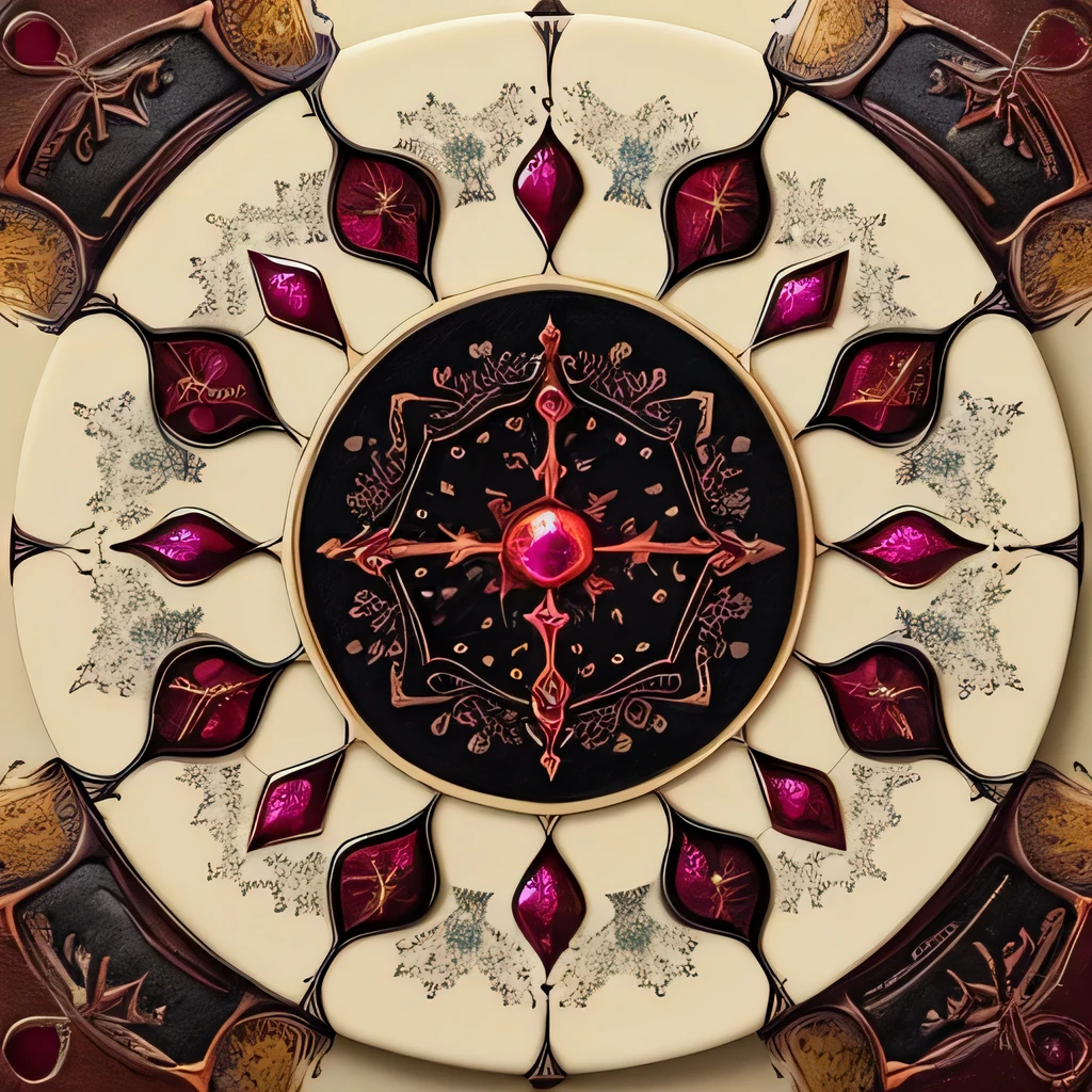 a small circle of rubies inlaid in the old leather front cover of (((one))) ancient book, dimensions 1:1.5, (((full page))), (((view from above))), grimoire, (((book cover design))), (((magic book style))), fantasy