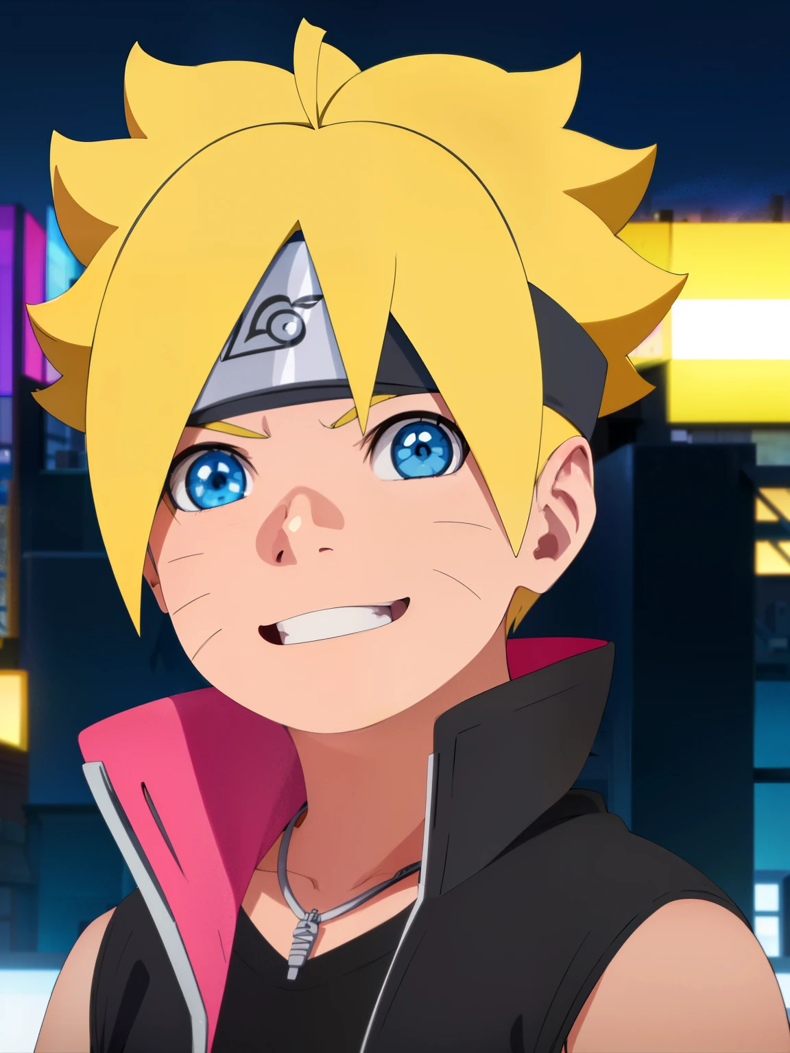 Masterpiece, ultra-detailed, Hight resulution, Boruto anime style, 1boy, male focus, Body, Uzumaki Boruto, Sleeveless hoodie, yellow hair, Blue eyes, look at viewer, happy face, vibrant colors, cityscape background, dinamic lighting, highly detailed face, stylish, urban style, cool attitude, bokeh, blurry background,