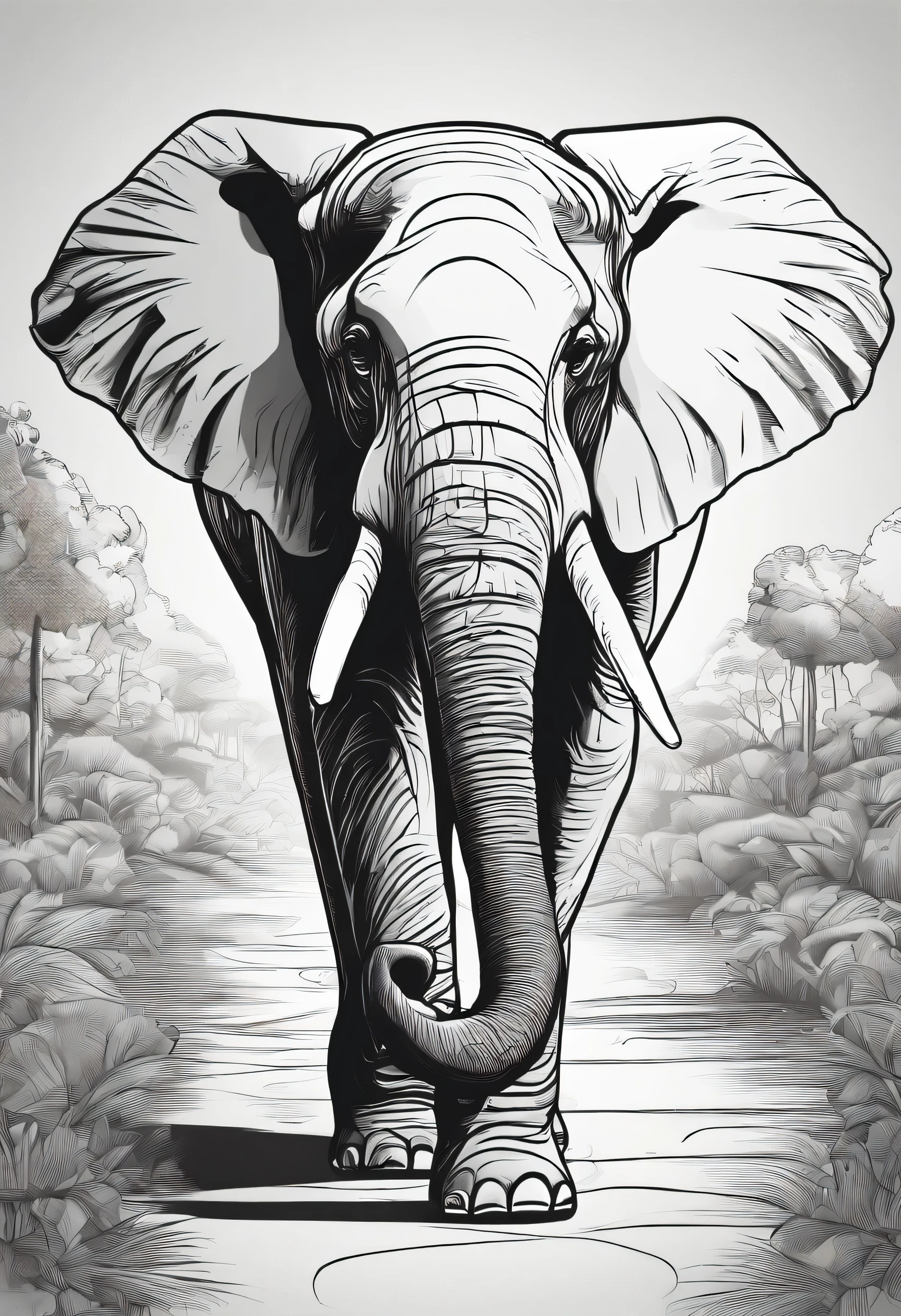 an elephant walking in a pathway, lineart, cartoon character, 3-D style, high quality, coloring book, hand drawn, lineart