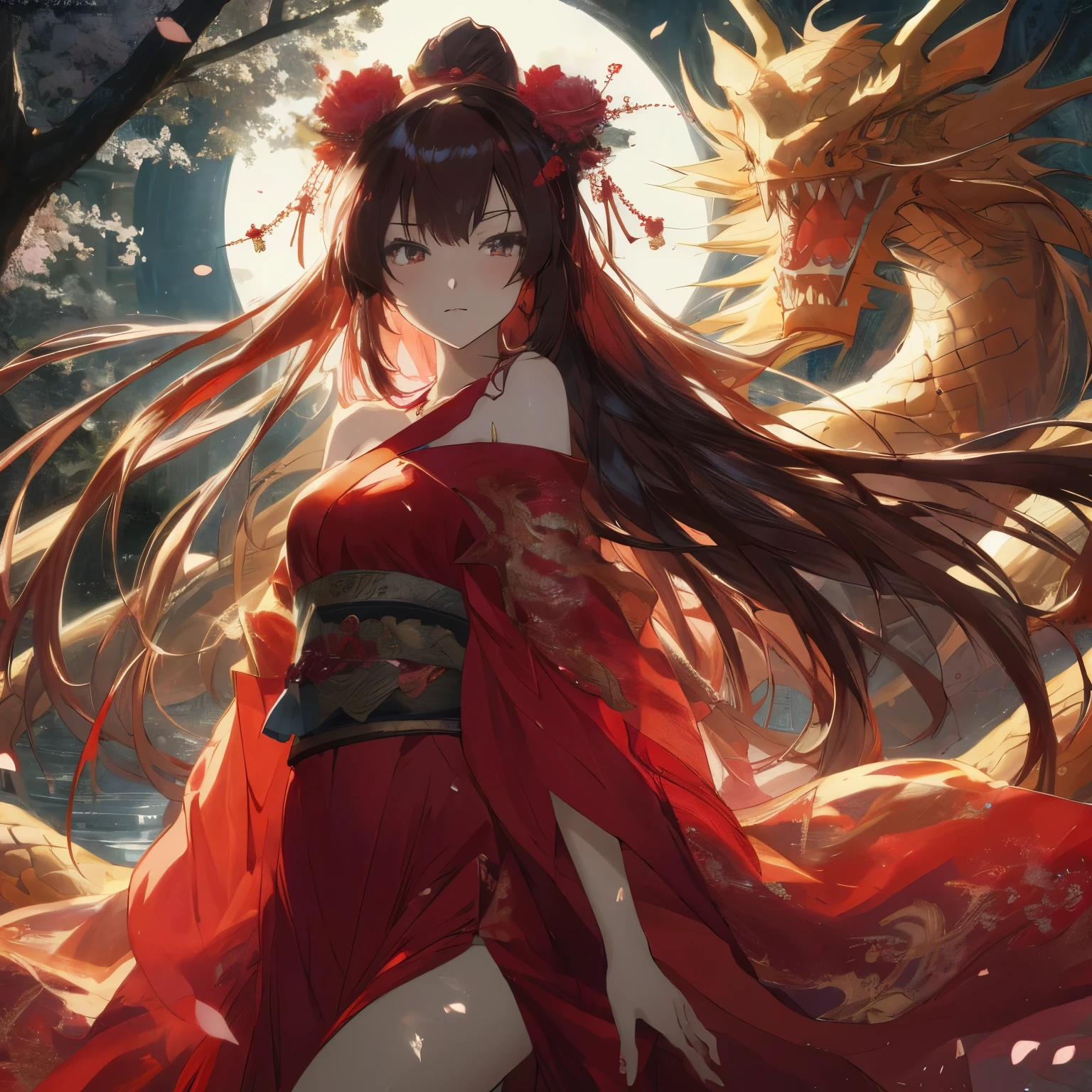 A woman in a red dress stands next to a dragon, anime style 4k, anime art wallpaper 8k, Anime Art Wallpaper 4k, anime art wallpaper 4k, anime wallpaper 4k, anime wallpaper 4k, Beautiful fantasy anime, 4k anime wallpaper, beautiful anime girl, anime long hair girl, Anime fantasy artwork, Beautiful anime woman