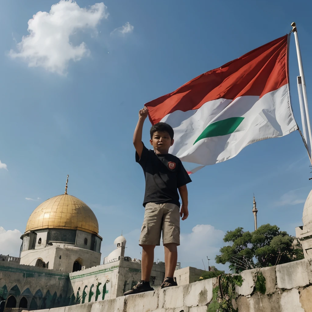 A Indonesian boy waving the Palestinian flag as if to signal their victory behind Al Aqsa Mosque. High quality image, 8k realistic anime, highly defined.