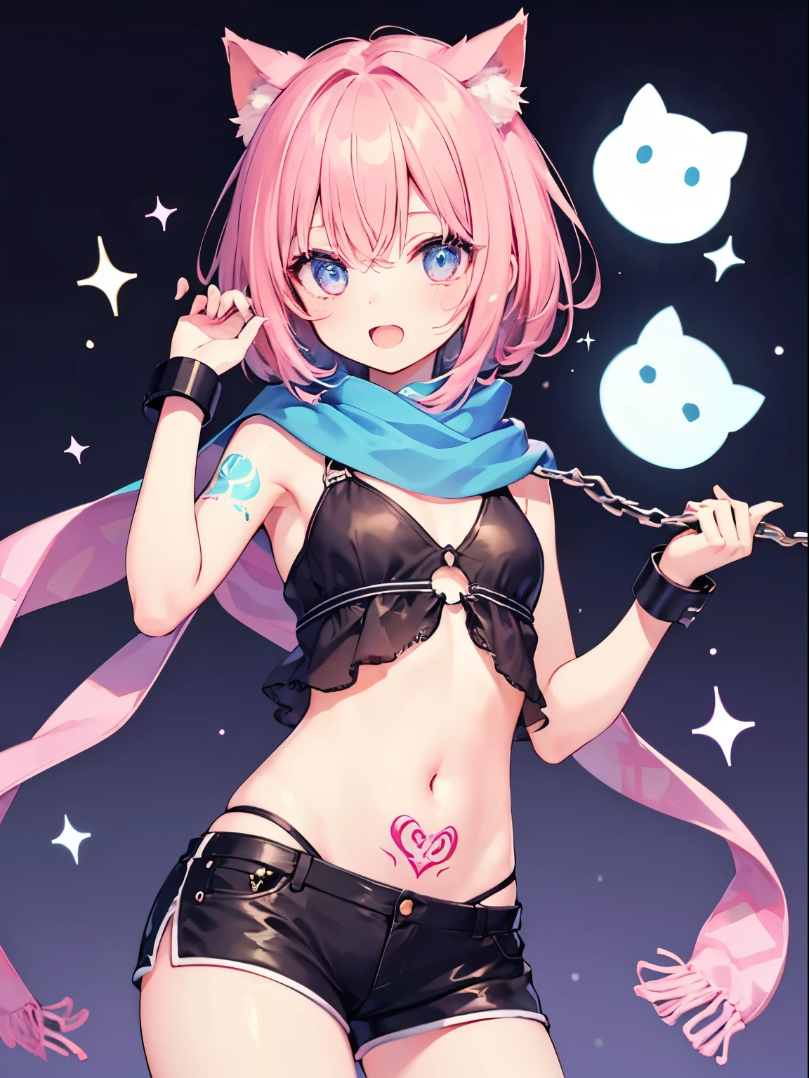 Very beautiful and shining eyes、shining eyes、1 girl、small breasts、big mouth、high school girl、stomach tattoo、small breasts、Cat ear、pink hair、handcuffs、scarf、shaggy hair、hot pants、clear appearance、Near future、neon、nice