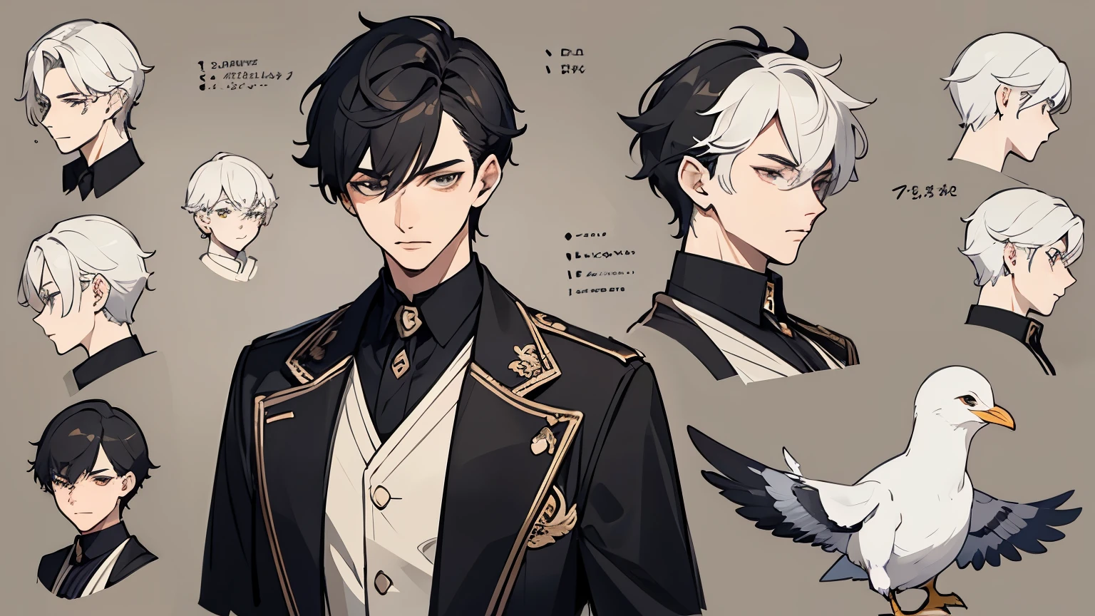 （masterpiece,best quality）detailed,Character table,Character sheet,the same person,male,20 years old,dark short hair,Modern trendy clothing,Has a sense of design,Seagull elements,perfect face,beautiful,full of details