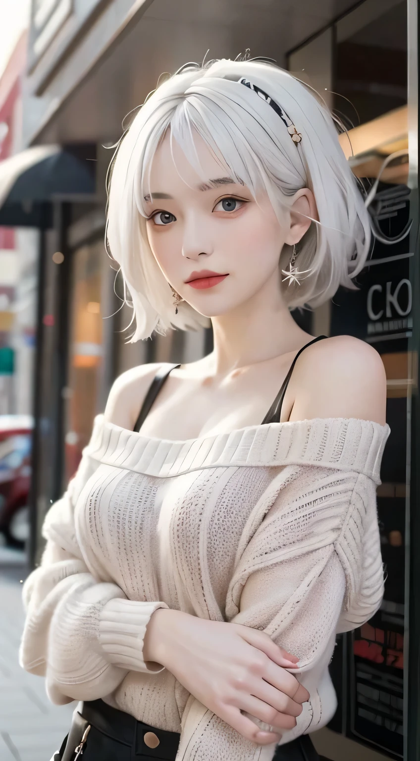 medium shot, A beautiful woman looks at the camera, white hair, Chris Foss off-shoulder sweater