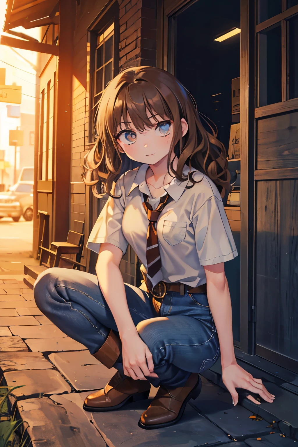 Juvenile girl, blue jeans, BROWN eyes, BROWN hair, teel shirt, short boots that tie. glowing eyes, curly hair, 