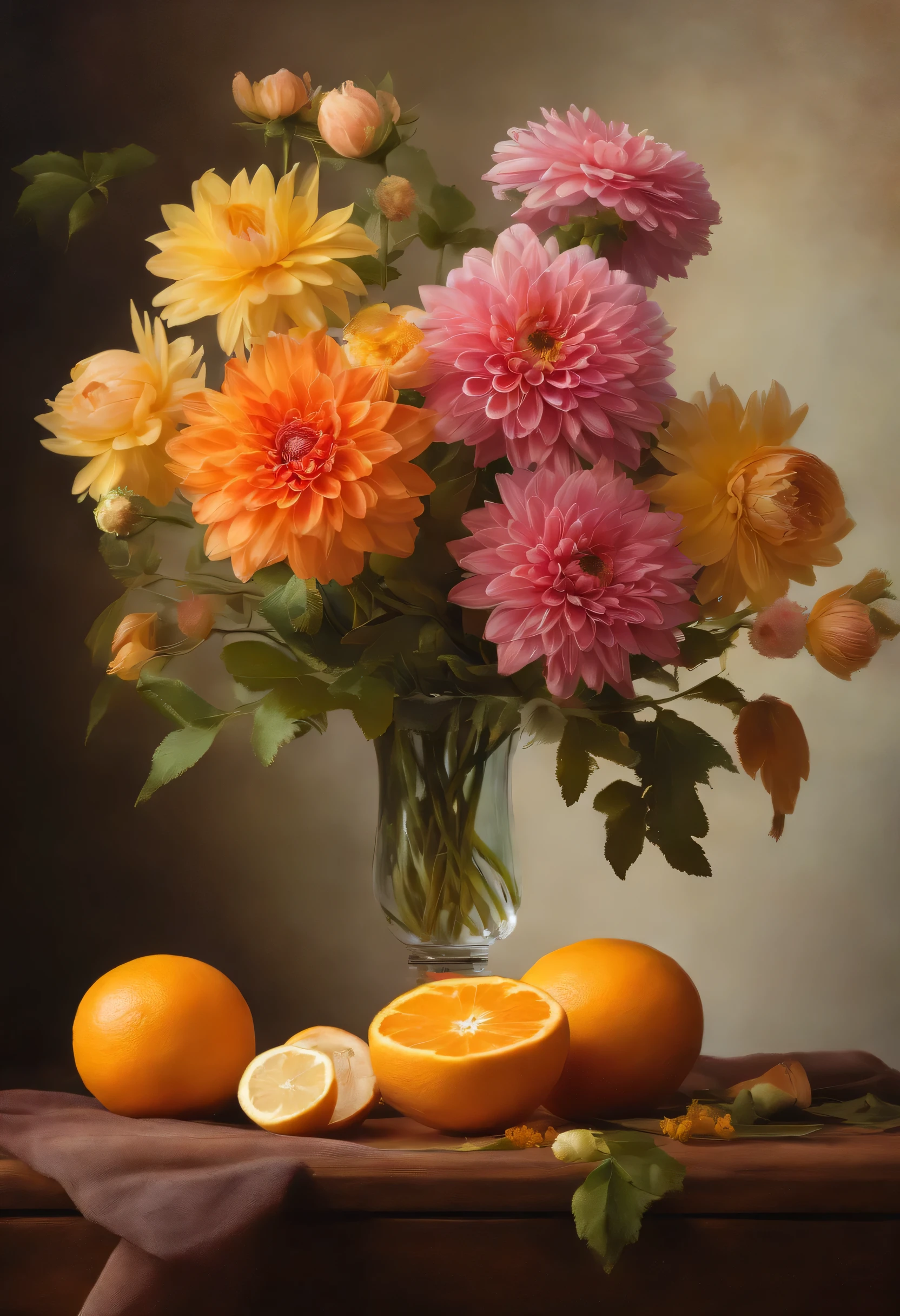 There is a vase on the table,It is decorated with flowers and oranges.., pastel, inspired by Francois Bouquet, not a splash, baroque, great composition, Dahlia flower, paper chrysanthemums, floating bouquets, Magic flowers, realistic oil painting with flowers, Soft and complex, great composition, Platonic ideal of flowers, Beautiful composition, Still life photography, pink-yellow flowers