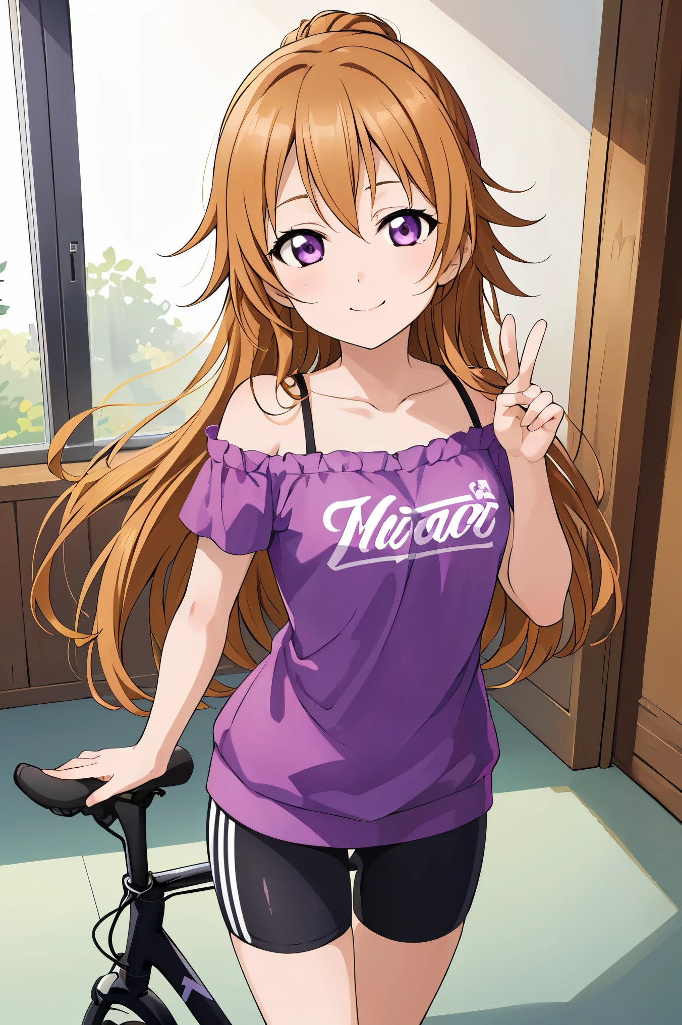 (best quality, masterpiece:1.2), (1girl, solo:1.2), cute, smile, detailed background, (looking at viewer, solo focus:1.2),
Konoe kanata, long hair, straight hair, purple eyes, blonde hair, off shoulder, purple shirt, short sleeves, black bike shorts, standing, two peace sign, solo focus,