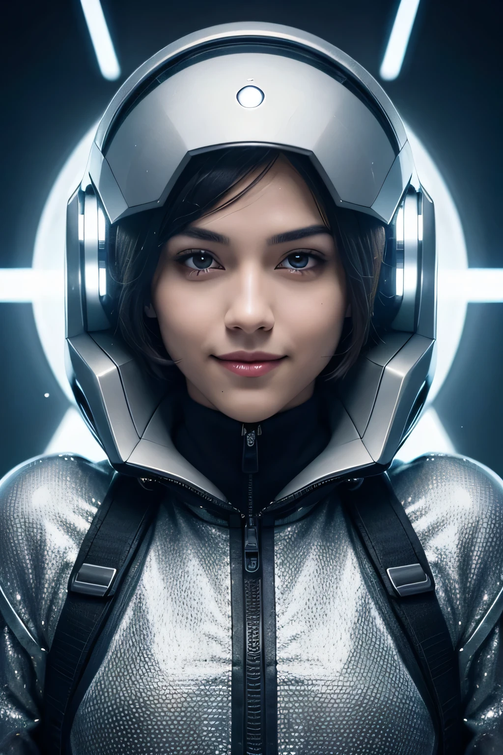 "Create the image of a character to be a presenter on an artificial intelligence channel. Imagine a robot called Pixel, com um brilho, silver cybernetic helmet that leaves your mouth visible, his eyes are golden and convey artificial intelligence. Ele veste uma jaqueta preta com um patch de xadrez representando o rei, conveying a friendly and youthful appearance on your face. Describe your appearance and personality, highlighting how he instantly captivates any viewer with his welcoming smile and his aura of technology and innovation."