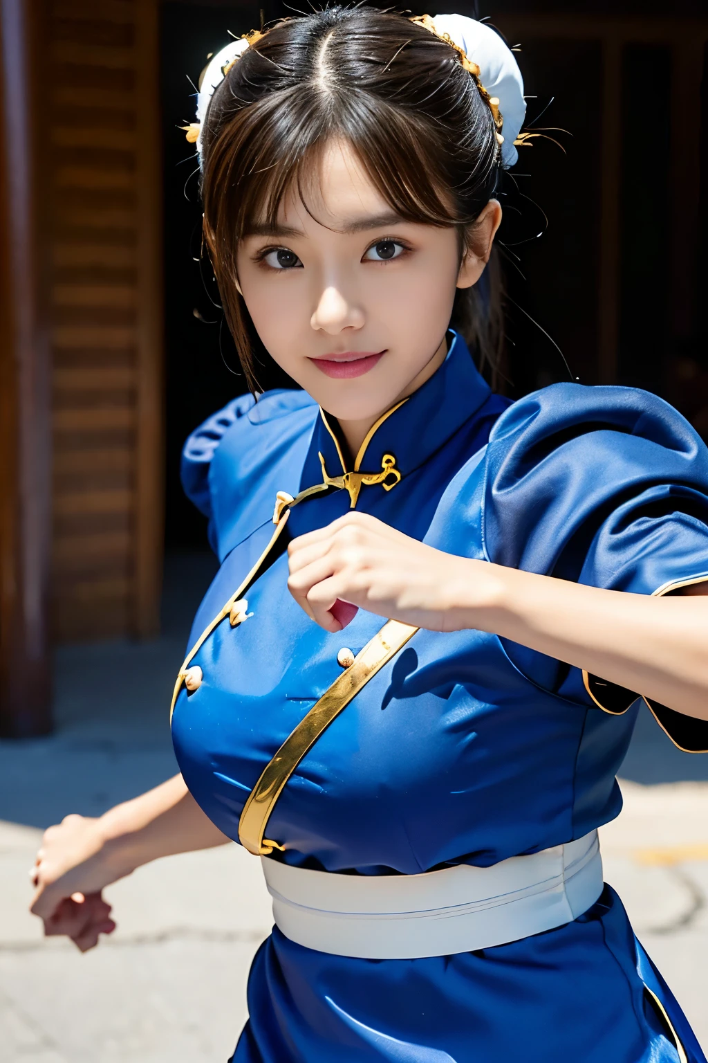 Chun-Li from Street Fight II,perfect chun li costume,Blue cheongsam with gold lines,Bun head,bun cover,fighting pose,masterpiece、1 beautiful girl、fine eyes、puffy eyes、highest quality, 超High resolution, (reality: 1.4), movie lighting、Japanese、asian beauty、Korean、super beautiful、beautiful skin、body facing forward、close up of face、(超reality的な)、(High resolution)、(8k)、(very detailed)、(美しくfine eyes)、(Super detailed)、 (wall-)、detailed face、bright lighting、professional lighting、looking at the viewer、look straight ahead、slanted bangs、Nogizaka Idol、korean idol、masterpiece, highest quality, masterpiece, highest quality, perfect face, perfect brown eyes with white sclera, bad move-5, alone, 1 girl, Upper body, brown hair, From SF2, Chinese service, smile, muscular woman, blue clothes, pantyhose, pelvic curtain, Puffy short sleeves, Good cover, sash, evaluation:safety