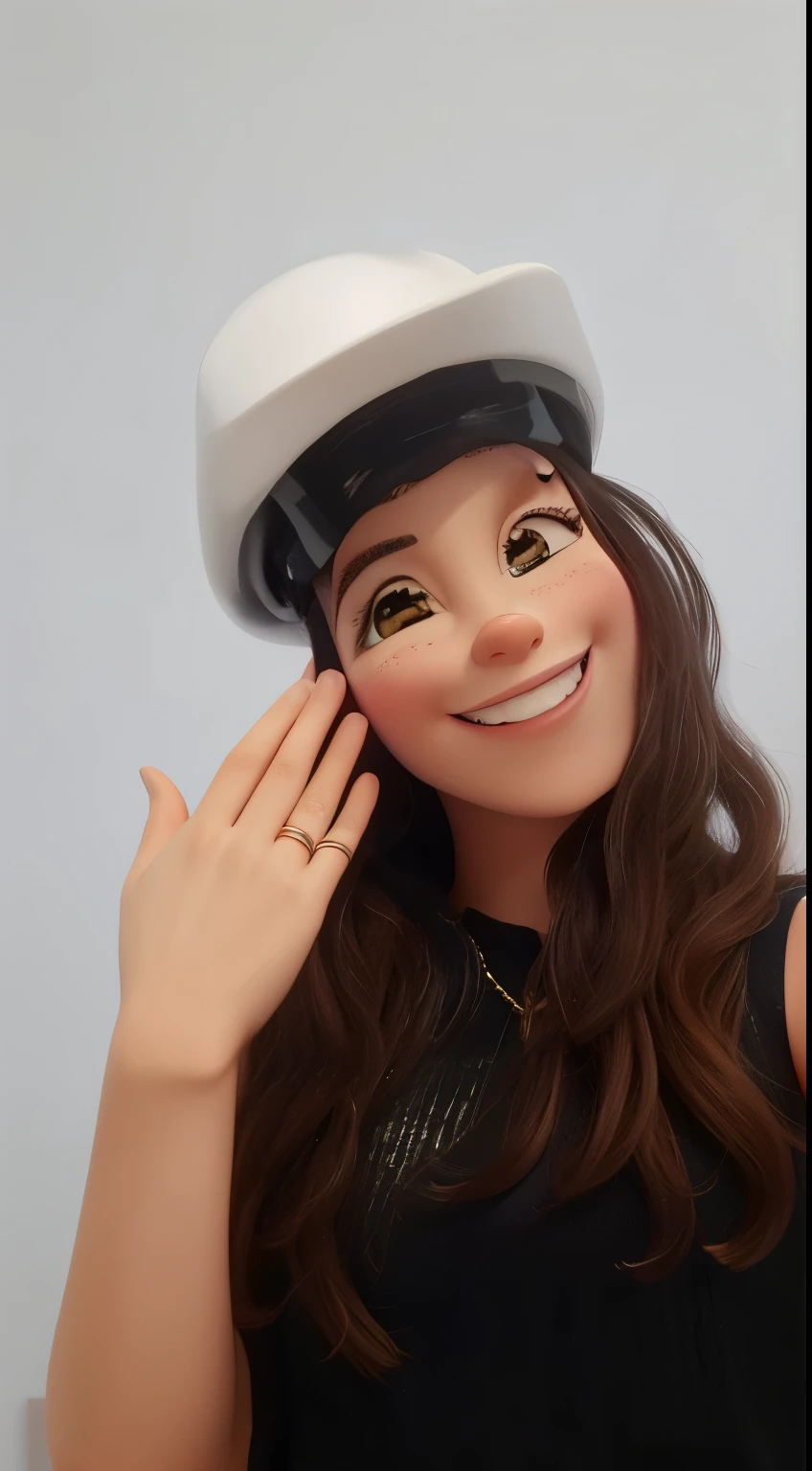 Uma mulher sorridente olhando para camera, com a mao levantanda, showing the back of the hand, on her ring finger are 2 rings, a imagem esta em estilo pixar