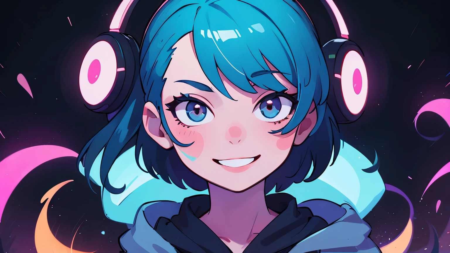 ((best quality)), ((masterpiece)), (detailed), perfect face, detailed background, masterpiece, best quality, smile, ornament, hoodie, portrait, blue neon, graffiti, dark, night, glowing eyes, blacklight
