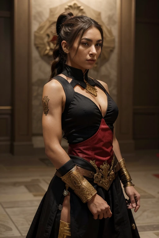 The image captures a poised figure of martial elegance. Dominated by a palette of black, red, and gold, the female warrior stands with an air of readiness and seriousness. Adorned in intricately detailed armor with red accents, she conveys a sense of strength and determination. Her hairstyle features a ponytail, suggesting both grace and combat-readiness, reinforcing the overall impression of a skilled and fearless fighter ready for any challenge.