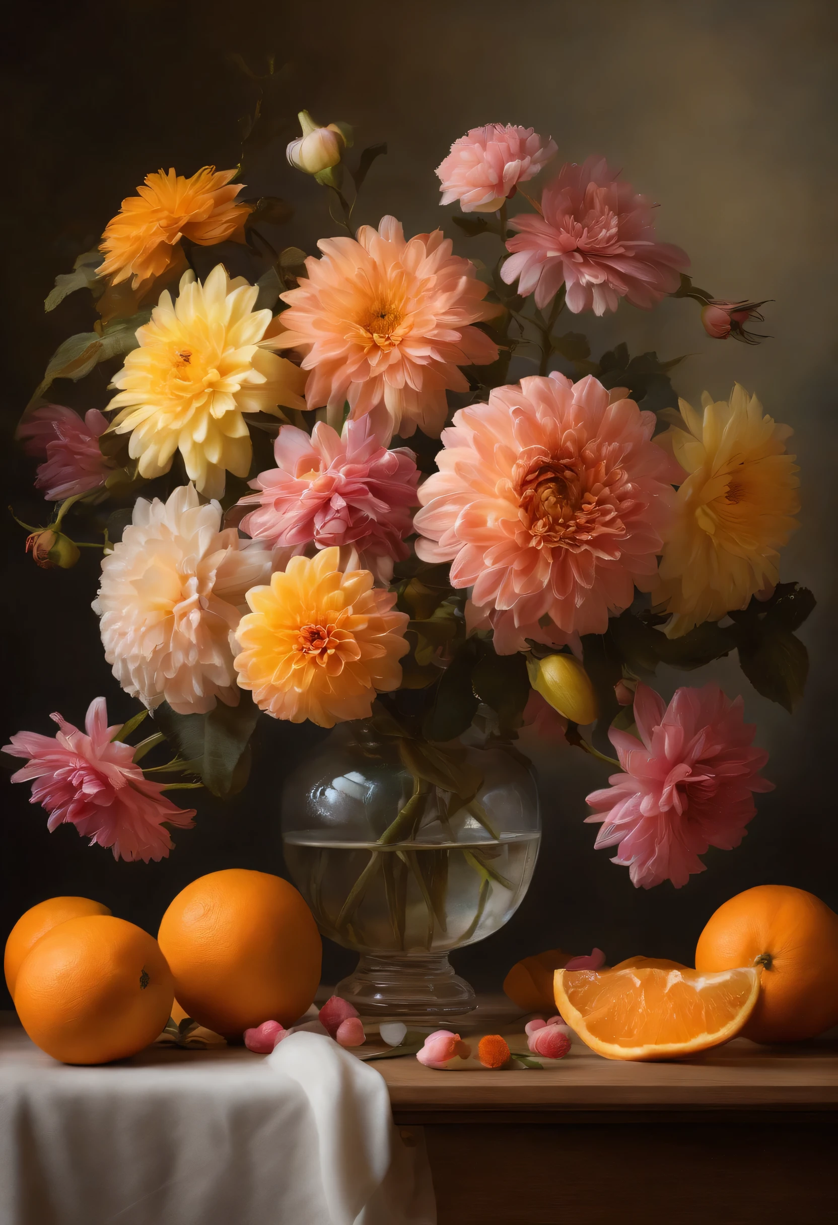 There is a vase on the table,It is decorated with flowers and oranges.., pastel, inspired by Francois Bouquet, not a splash, baroque, great composition, Dahlia flower, paper chrysanthemums, floating bouquets, Magic flowers, realistic oil painting with flowers, Soft and complex, great composition, Platonic ideal of flowers, Beautiful composition, Still life photography, pink-yellow flowers