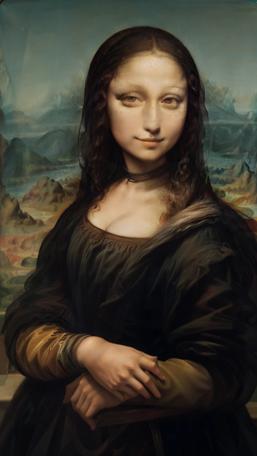 Mona Lisa" de Leonardo da Vinci. The woman  has an enigmatic smile, enquanto seu olhar parece penetrar a alma do observador. Her Renaissance dress is rich in detail, com cores sutis e sombreamento habilidoso.