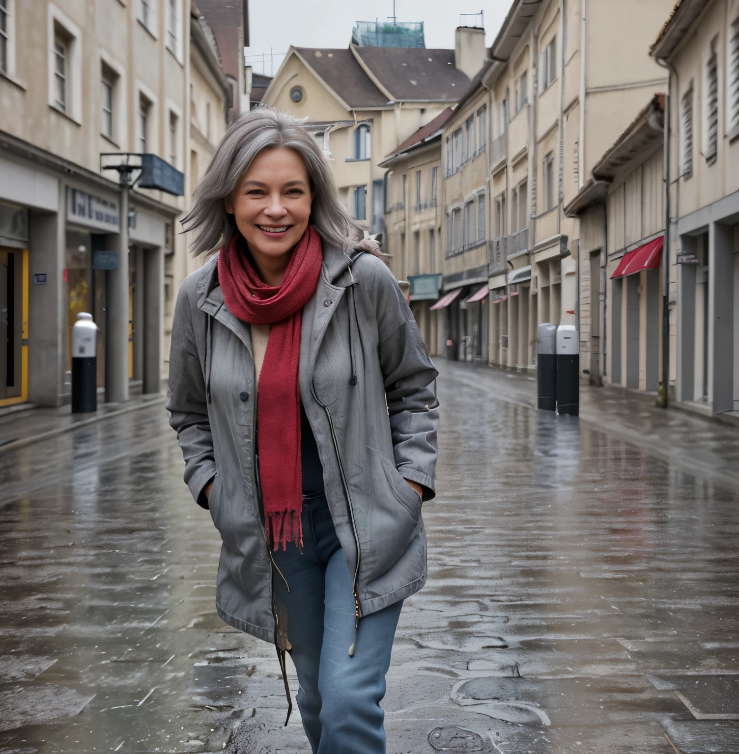 realistic picture, 55 year, beautiful woman, smiling, grey bob hair, full body, standing in a street in nancy, motion, realism, high-quality rendering, stunning art, high quality, black oversized LAOS PARKA zipper, denim jeans, red scarf, rainy day