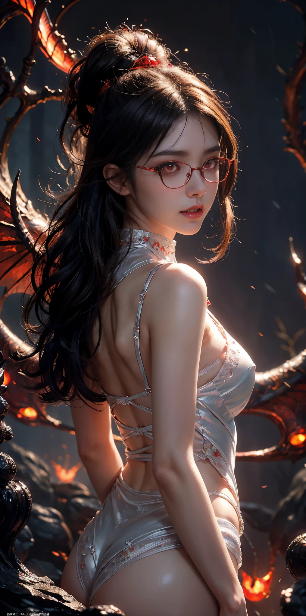 (The best illustrations)、realisitic、ultra-detailliert、The best lighting、Best Shadows、alluring succubus, ethereal beauty, perched on a cloud, (fantasy illustration:1.3), enchanting gaze, captivating pose, delicate wings, otherworldly charm, mystical sky, (Luis Royo:1.2), (Yoshitaka Amano:1.1), Dungeon and Dragon、caves、Dungeon、 A Necromancer、natta、Dark style、Succubus、Devil's Daughter、Bat Wings，(((Demon Hornlack-rimmed round glasses))))、(red eyes glowing:1.6)、​beautiful countenance、Tindall Effect、(High Detail Skins:1.2) absurderes、Ponytail distortion、jewely、Beautiful expression、Toned waist、Wide buttocks、Tindall Effectmasuter piece、top-quality、Highest Standards、Top image quality、masutepiece、intricate detailes、High resolution、Depth Field、natural soft light、profetional lighting、Great smile、(High Detail Skin: 1.2)、photorealistic anime girl render、Strong highlights of the eyes、Perfect Anatomy、crotch open、Shy、Spreading your legs、Panties are visible、Skirt flipping、Body shiny with oilerectile nipple))、8K resolution、intricate clothing、Intricate details