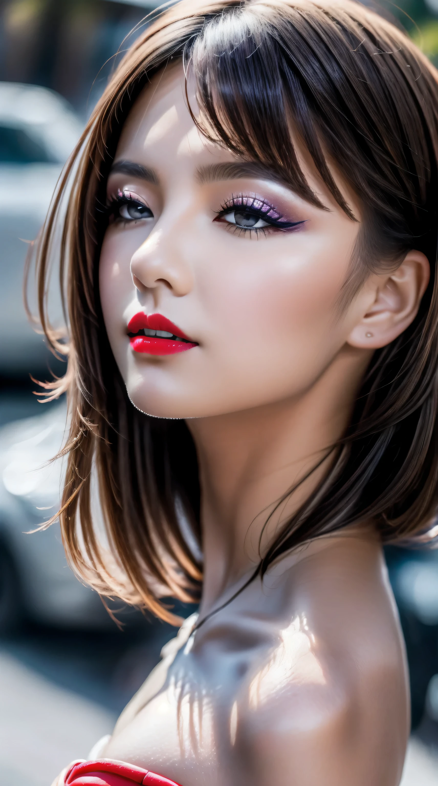 (ultra-detailed portraits)、 ((Ultra-realistic最high quality、 8K、 The ultra -The high-definition))、1girl:1.3 22years old、fashion supermodel、((sharp fous))、real:1.5、photorealistic:1.5、very delicate and beautiful、((masterpiece)), ((absurdres))、 ((sharp fous))、(beautiful and detailed face:1.5)、(detailed eyes:1.45)、(detailed lips:1.3)、(Detailed nose:1.2)、(Glamour, paparazzi taking pictures of her)、(light dark short hair、extremely detailed)、 contrast、 Long blue_eyelashes:1.25、 (dark_eyeshadows:1.28)、 ((red_lipstick:1.22))、((perfect round eyes))、 (brown_eyes:1.42)、 (purple_makeup:1.18)、(matte skin:1.4)、(close-up face), 8K, UHD