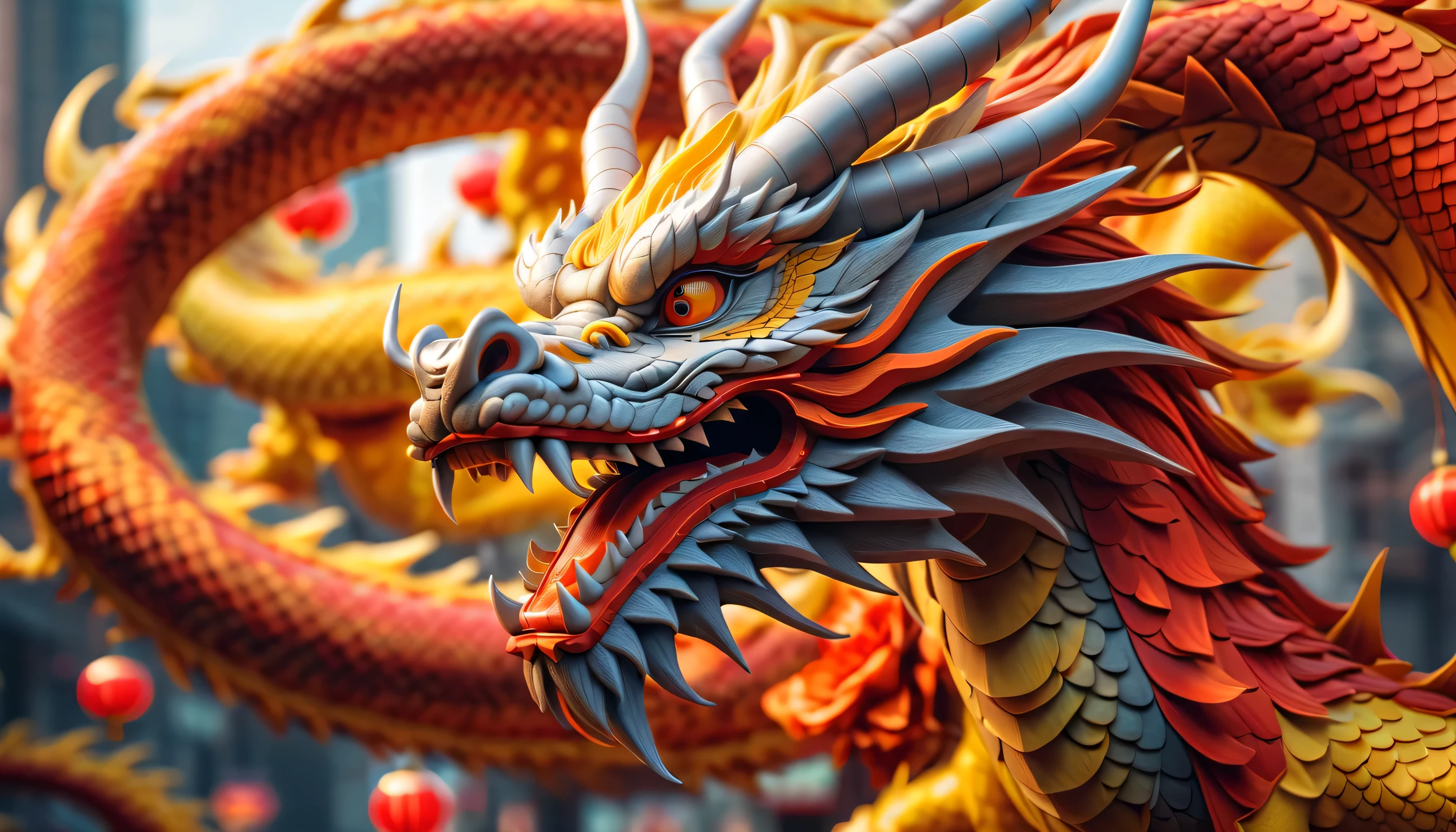 Druged 3d chinese dragon, Flying, huge, capsuled dragon 3 d art, stunning artwork, extremely high quality artwork, beautiful artwork, colorful hyperrealism, beeple colors, red, yellow, orange, grey, wide shot, (best quality,4k,8k,highres,masterpiece:1.2),ultra-detailed,(realistic,photorealistic,photo-realistic:1.37),HDR,UHD,studio lighting,ultra-fine painting,sharp focus,physically-based rendering,extreme detail description,professional,vivid colors,bokeh. Attention:Original art by Tupu.