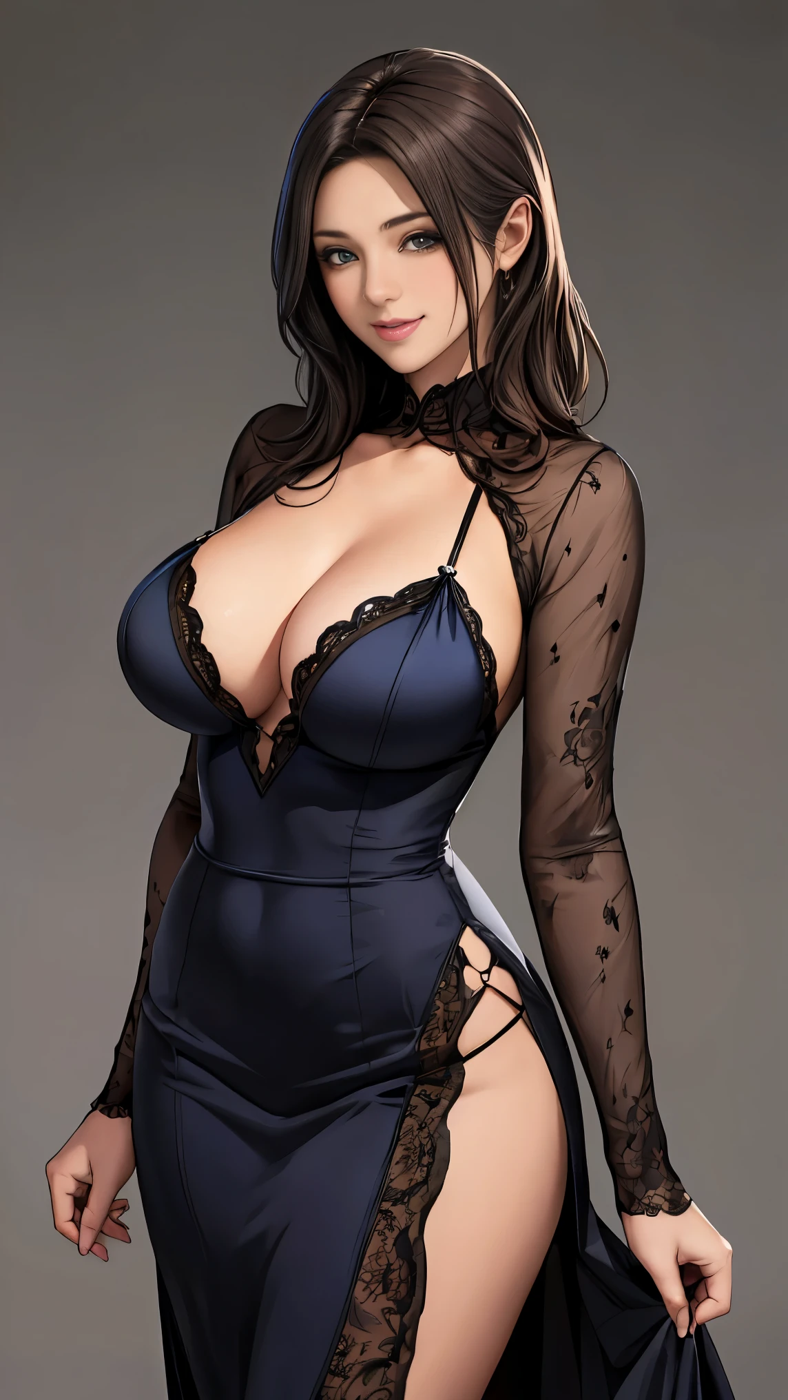 table top, highest quality, figure, super detailed, finely, High resolution, 8k wallpaper, 完璧なダイナミックな構figure, detailed and beautiful eyes, dress,random hairstyles,  natural color lip, random sexy poses,smile,simple background、mature woman,Clothes with a large open chest,Transparent black lace outfit,big breasts,revealing costumes,Very thin satin costume,40 year old woman