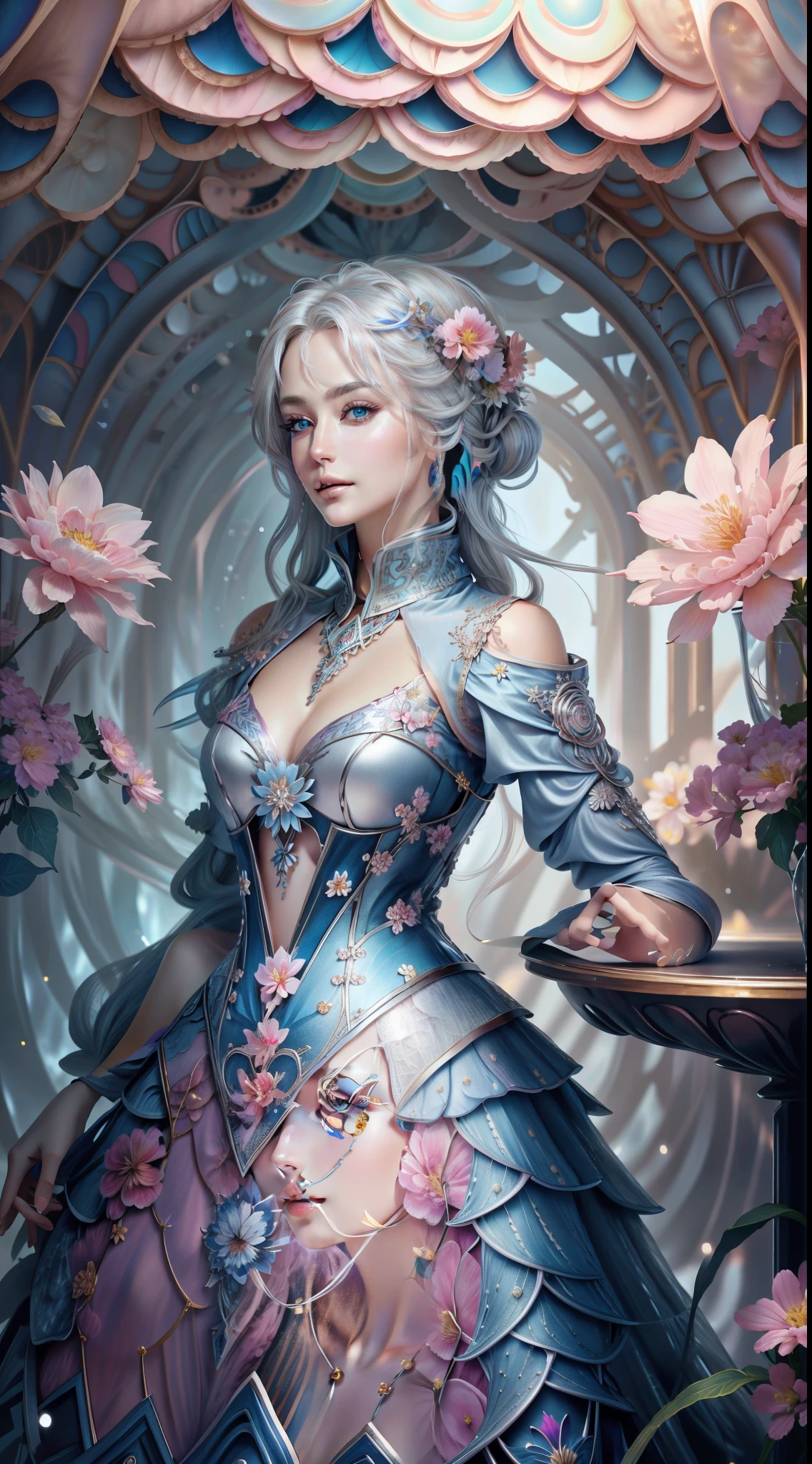 Beautiful lady , wonderful blue eyes, silver hair, pink lips, jacket cover her shoulderasterpiece, Top Quality, Best Quality, Official Art, Beautiful and Aesthetic: 1.2), (1 Flower), Upper Body, Extremely Detailed, (Fractal Art: 1.3), Colorful, Most Detailed, wearing jacket cover arms and shoulders 