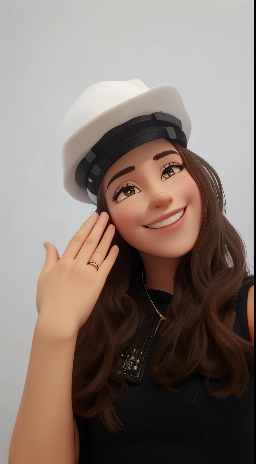 Uma mulher sorridente olhando para camera, com a mao levantanda, showing the back of the hand, on your ring finger is a ring, a imagem esta em estilo de desenho