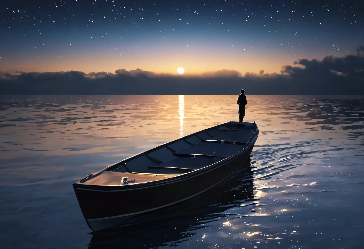 （best quality，4k，8k，high resolution，masterpiece：1.2），super detailed，（lifelike，lifelike，照片lifelike：1.37），quiet and desolate，contour，backlight，Contrast of light and shadow，smoke，illumination，particle，night at sea，Boat，sea breeze，情侣拥抱在Boat头的甲板上，sea breeze吹拂着他们的头发和衣角。男子身穿一件普通的Boat员，But the gleam in his eye and confident demeanor set him apart。woman wearing white evening dress，Like a goddess under the moonlight，Elegant and noble。Boat头的边缘，Looking at the vast sea ahead。The sea is sparkling，It seems like there are countless stars twinkling。Their eyes met，Full of deep love and longing for the future。At this point，It was as if the whole world had stood still，Only the two of them and the boundless ocean are left。Montage Photography Technique,movie lighting, motion blur, spark, Ray tracing, reflected light, backlighting, film grain, Vignetting