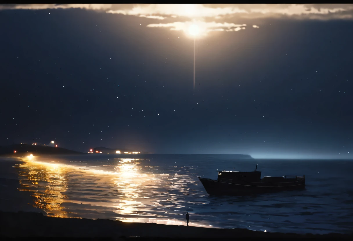 （best quality，4k，8k，high resolution，masterpiece：1.2），super detailed，（lifelike，lifelike，照片lifelike：1.37），quiet and desolate，contour，backlight，Contrast of light and shadow，smoke，movie lighting，particle，night at sea，Boat，sea breeze，情侣拥抱在Boat头的甲板上，sea breeze吹拂着他们的头发和衣角。男子身穿一件普通的Boat员，But the gleam in his eye and confident demeanor set him apart。woman wearing white evening dress，Like a goddess under the moonlight，Elegant and noble。Boat头的边缘，Looking at the vast sea ahead。The sea is sparkling，It seems like there are countless stars twinkling。Their eyes met，Full of deep love and longing for the future。At this point，It was as if the whole world had stood still，Only the two of them and the boundless ocean are left。Montage Photography Technique,movie lighting, motion blur, spark, Ray tracing, reflected light, backlighting, film grain, Vignetting