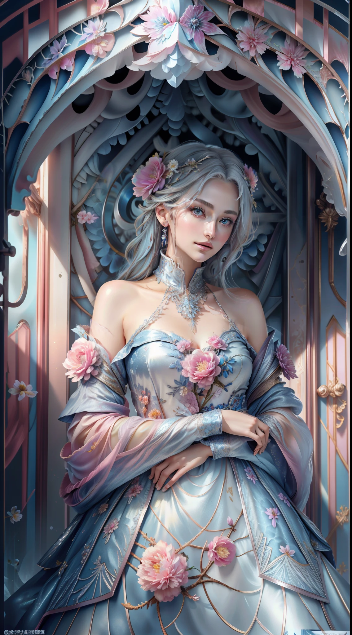 Beautiful lady , wonderful blue eyes, silver hair, pink lips, jacket cover her shoulderasterpiece, Top Quality, Best Quality, Official Art, Beautiful and Aesthetic: 1.2), (1 Flower), Upper Body, Extremely Detailed, (Fractal Art: 1.3), Colorful, Most Detailed, wearing jacket cover arms and shoulders 