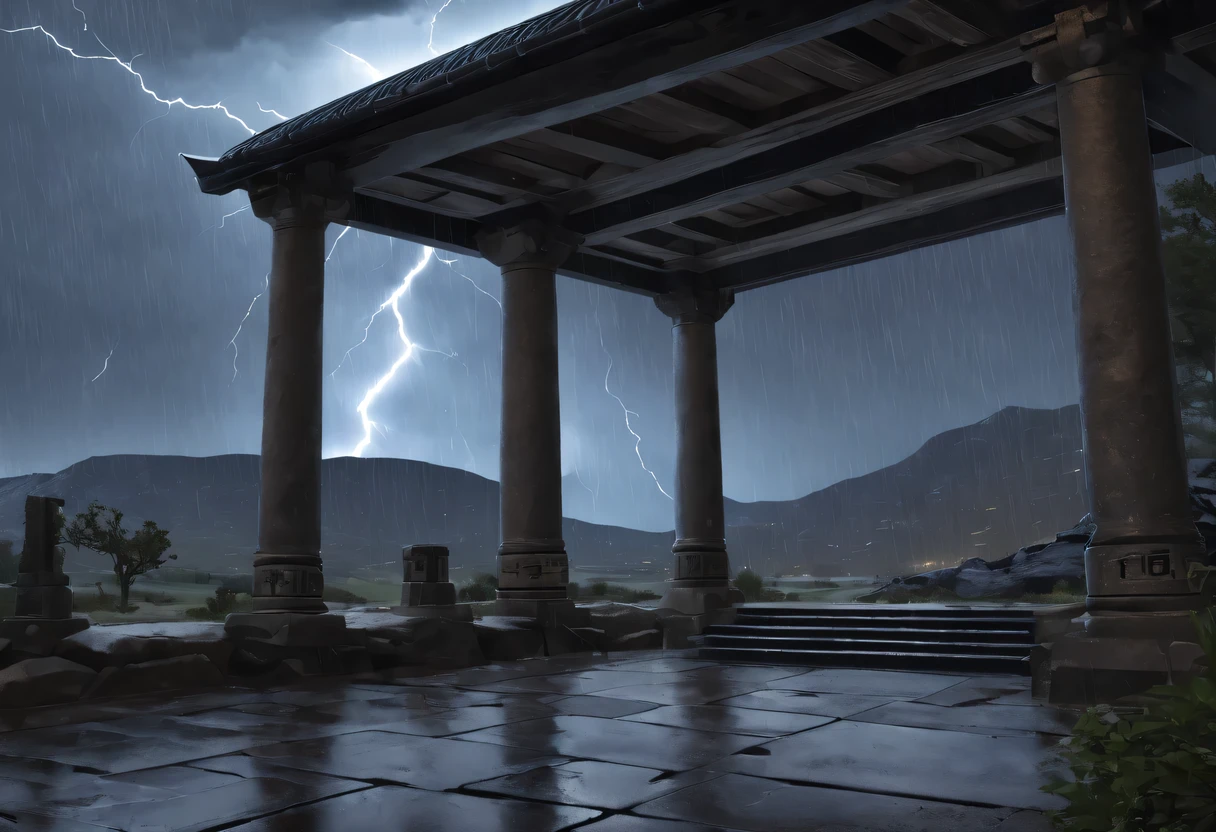 （best quality，4k，8k，high resolution，masterpiece：1.2），super detailed，（lifelike，lifelike，photorealism：1.37），A stormy night，thunder and lightning，Desolate landscape dotted with weathered stone pillars，arranged in the shape of a porch，Decorated with ancient alien inscriptions，Emits a faint blue light。