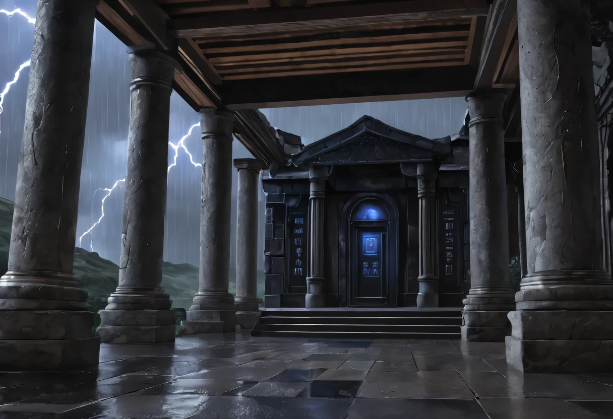 (best quality,4k,8k,high resolution,masterpiece:1.2),super detailed,(lifelike,lifelike,photorealism:1.37),A stormy night,thunder and lightning,Desolate landscape dotted with weathered stone pillars,arranged in the shape of a porch,Decorated with ancient alien inscriptions,Emits a faint blue light。