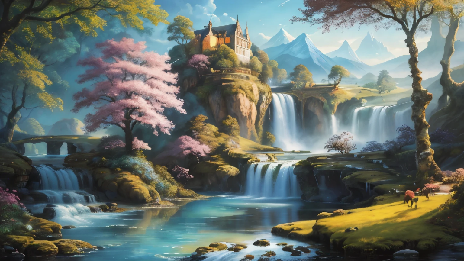 A captivating landscape painting filled with an abundance of animals and plants, created by the divine hand of the creator when he crafted the world. The scene is bathed in the gentle caress of water, as if brought to life through the artist's brush. Rich, vibrant colors of every hue adorn the canvas, blending seamlessly together to create a harmonious and majestic masterpiece. Brushstrokes are meticulously rendered, invoking a feeling of depth and depth, transporting the viewer into the heart of this enchanting world. This painting, created with a meticulous attention to detail, stands as a testament to the boundless creativity of the artist and the beauty of