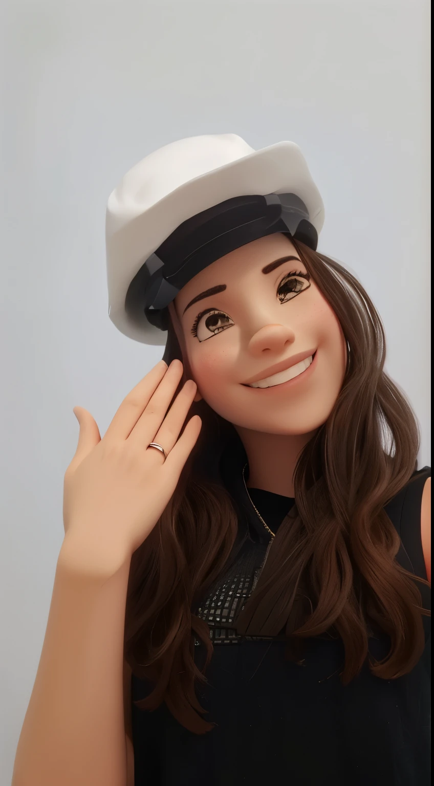 Uma mulher sorridente olhando para camera, com a mao levantanda, showing the back of the hand, on your ring finger is a ring, a imagem esta em estilo de desenho