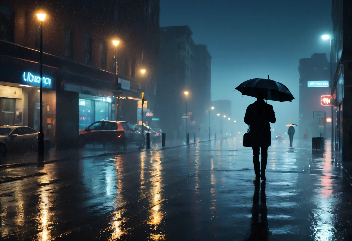 best quality,4k,8k,high resolution,masterpiece:1.2,Super detailed,actual:1.37,rainy night,downpour,lightning and thunder,The streets are soaked by rain,Reflective puddles,dramatic atmosphere,Dark,cityscape in the rain,The echo of raindrops,hazy street light,Moody tones,Humid environment, Figure in the rain,Walking with an umbrella,cold wind,Flowing water droplets,sparkling reflection,glowing neon sign,The surface of the water ripples,Abandoned wet street,stormy weather,Blurred rainy background,City skyline silhouette,poetic and melancholy,Emotional and introspective,urban black,Depressing and haunting,Romantic and mysterious,Heavy rain at night,weird and cinematic,impressionist rain scene,unpredictable storm,ominous shadow,Reflective surface,Heavy downpours poured down.