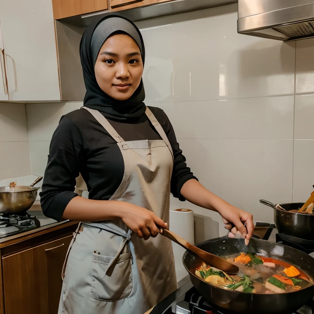 25 year old Indonesian woman, wearing hijab, Cooking in the kitchen with a wooden spoon and a pan on the stove, cooking, Wearing an apron, Indonesian cuisine, chili paste, vegetables, Steaming food on the stove, and looks burnt, smoke billowing, looking camera, flirt with camera, (see camera:1.5)