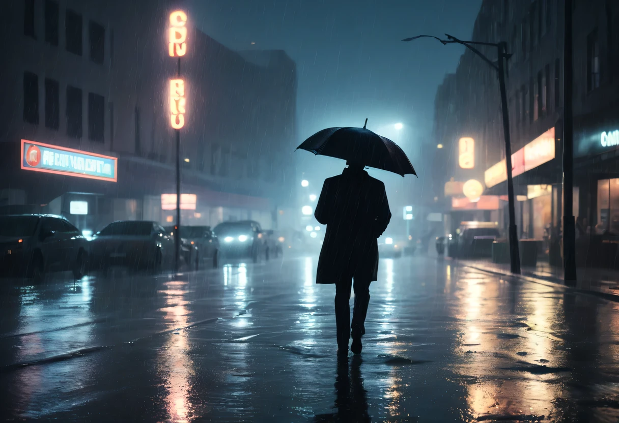 best quality,4k,8k,high resolution,masterpiece:1.2,Super detailed,actual:1.37,rainy night,downpour,lightning and thunder,The streets are soaked by rain,Reflective puddles,dramatic atmosphere,Dark,cityscape in the rain,The echo of raindrops,hazy street light,Moody tones,Humid environment, Figure in the rain,Walking with an umbrella,cold wind,Flowing water droplets,sparkling reflection,glowing neon sign,The surface of the water ripples,Abandoned wet street,stormy weather,Blurred rainy background,City skyline silhouette,poetic and melancholy,Emotional and introspective,urban black,Depressing and haunting,Romantic and mysterious,Heavy rain at night,weird and cinematic,impressionist rain scene,unpredictable storm,ominous shadow,Reflective surface,Heavy downpours poured down.
