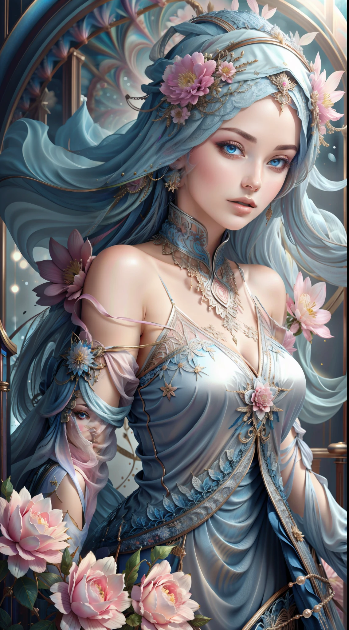 Ultra-high resolution (8K, Best quality), Highly detailed, Masterpiece:1.2, Amazing image of a beautiful woman, Delicate facial features, mesmerizing eyes, Mesmerizing lips, Flowing hair, An ethereal game of light and shadow, vivid vivid colors, Intricate floral elements, Seamless integration of fractal art, Rich and varied textures, Dreamlike atmosphere, Harmonious composition, dynamicposes, graceful movements, Lovely garden setting, Captivating perspective, magical ambiance, Surreal and engaging visual storytelling, Finely crafted brushstrokes, Meticulous attention to detail, Immersive、Lifelike depiction, Out of this world、Awesome artistic expression.