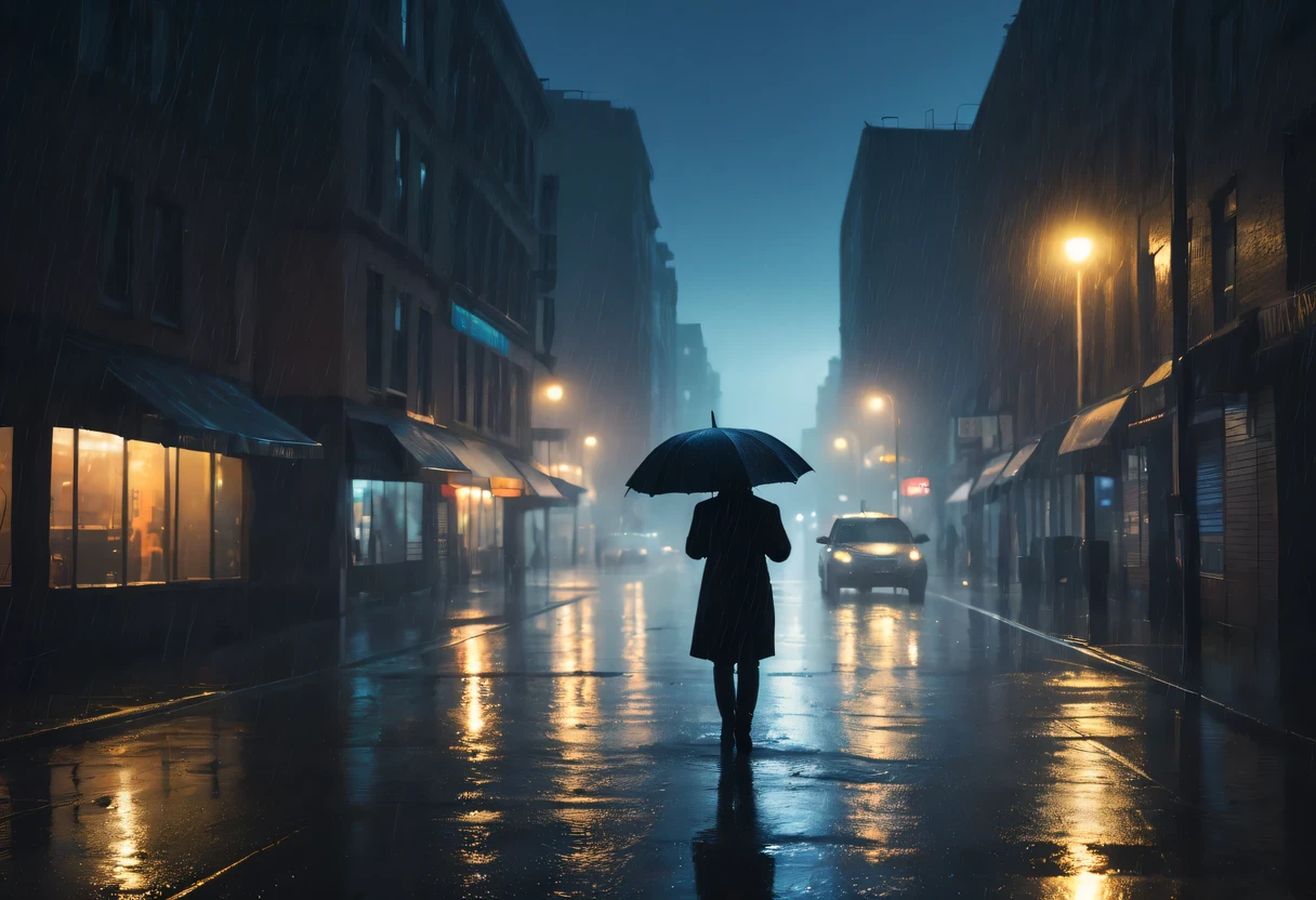 best quality,4k,8k,high resolution,masterpiece:1.2,Super detailed,actual:1.37,rainy night,downpour,lightning and thunder,The streets are soaked by rain,Reflective puddles,dramatic atmosphere,Dark,cityscape in the rain,The echo of raindrops,hazy street light,Moody tones,Humid environment, Figure in the rain,Walking with an umbrella,cold wind,Flowing water droplets,sparkling reflection,glowing neon sign,The surface of the water ripples,Abandoned wet street,stormy weather,Blurred rainy background,City skyline silhouette,poetic and melancholy,Emotional and introspective,urban black,Depressing and haunting,Romantic and mysterious,Heavy rain at night,weird and cinematic,impressionist rain scene,unpredictable storm,ominous shadow,Reflective surface,Heavy downpours poured down.