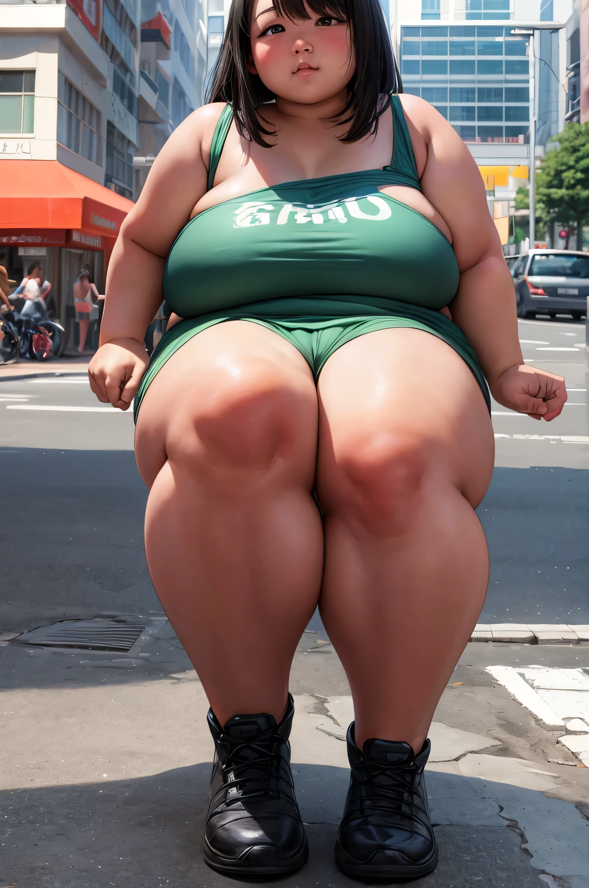 ultra high resolution, Are fat, girl, Asian, ugly face, chubby naked, chubby thighs, thick legs, Chubby below the knees, chubby arms, many pores, fine skin texture, daytime, sitting on the sidewalk, pussy, full body shot